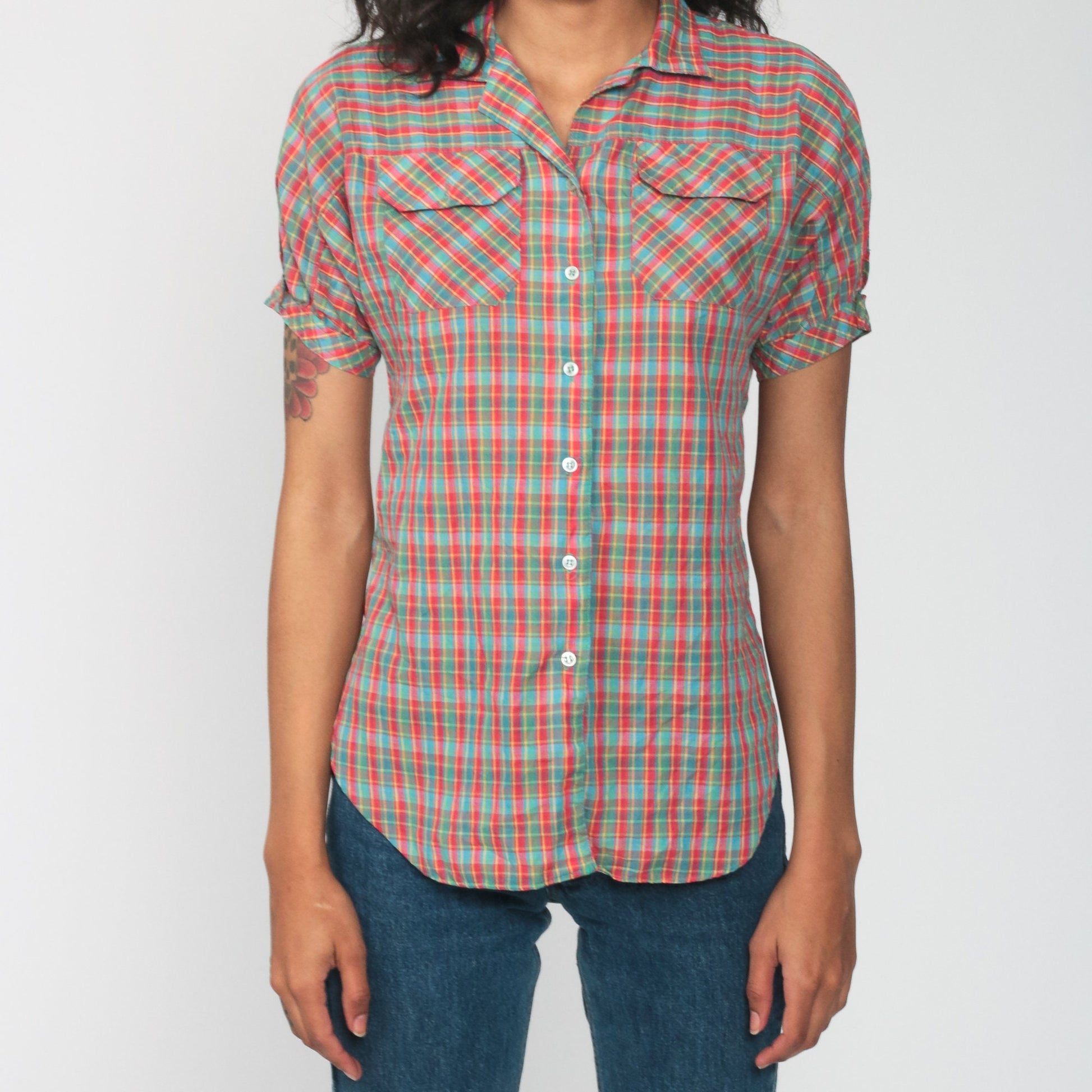 80s Plaid Cotton Button-Up Blouse Red Green Puff Sleeve Extra Small