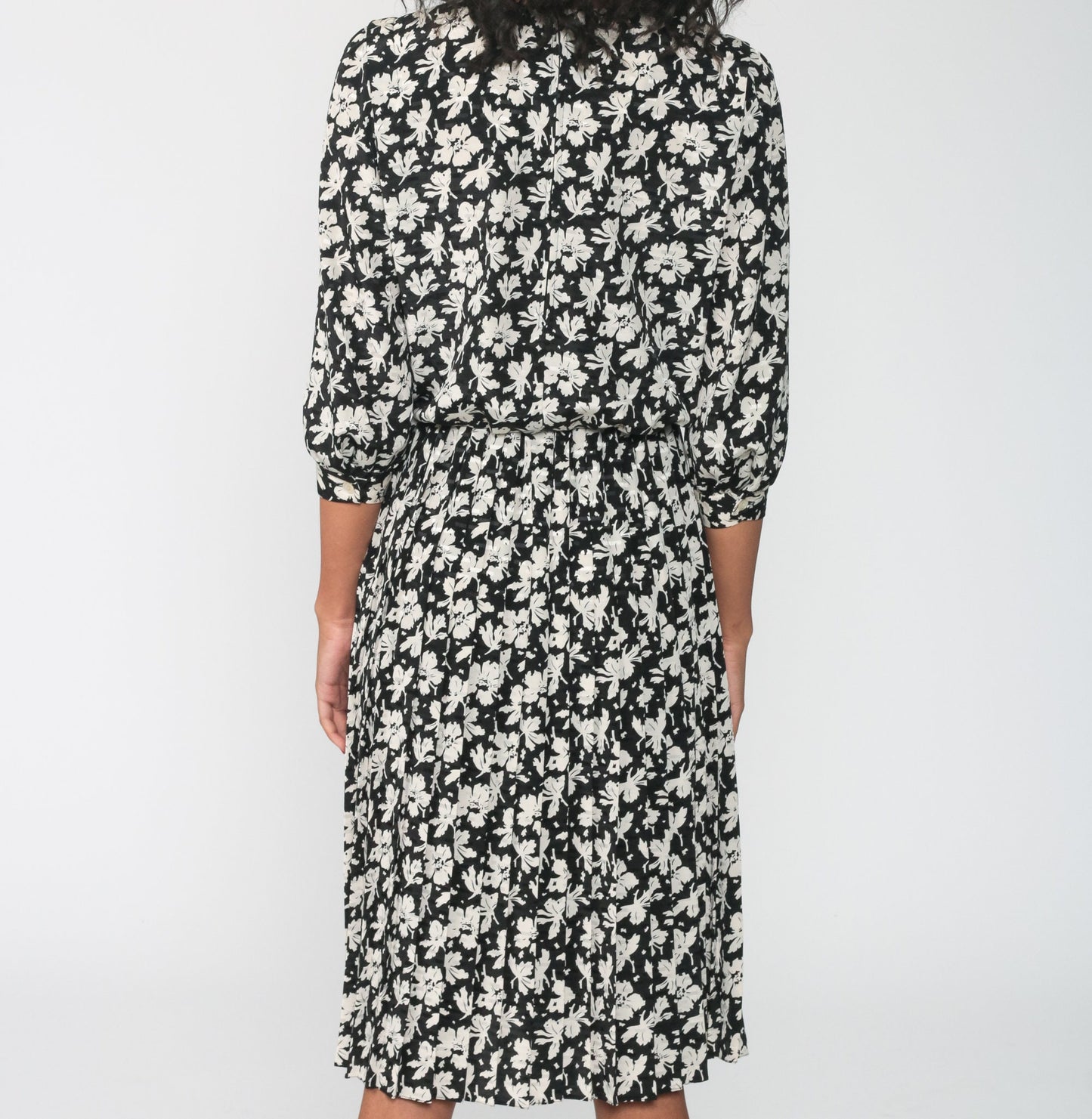 80s Black Floral Midi Dress High Waist Pleated Skirt Small 4
