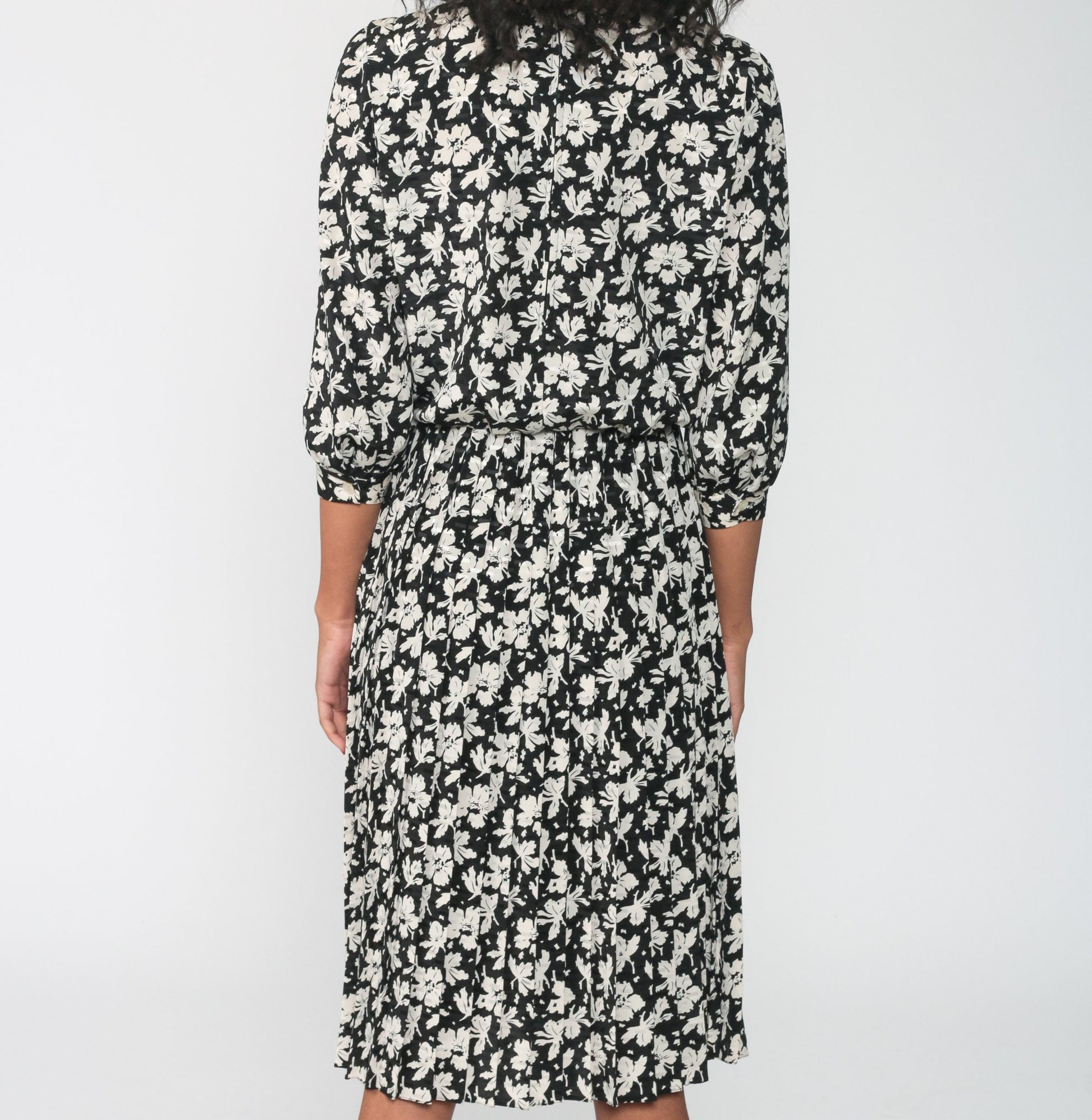 80s Black Floral Midi Dress High Waist Pleated Skirt Small 4