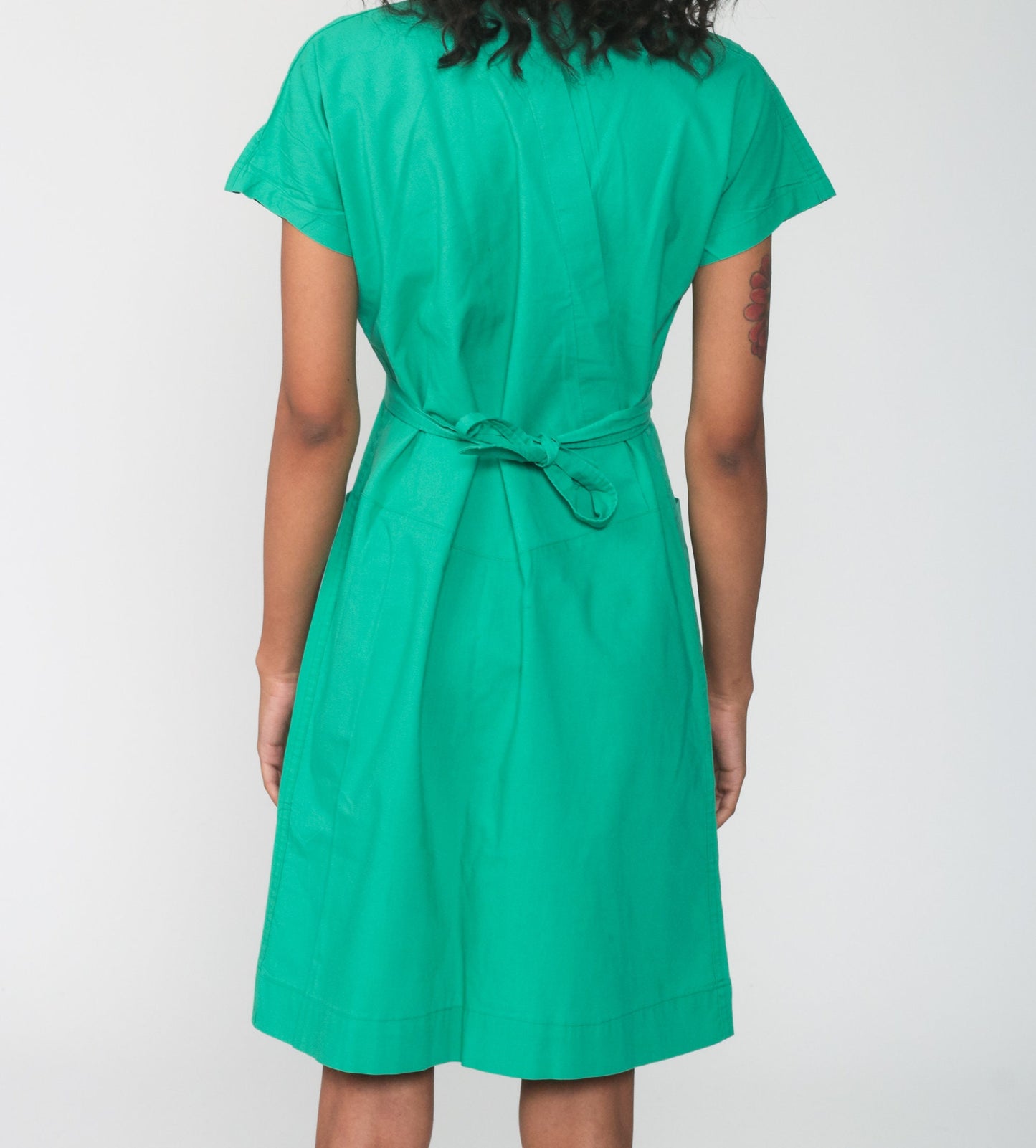 70s Green Midi Dress Cap Sleeve High Waist V Neck Pocket Small