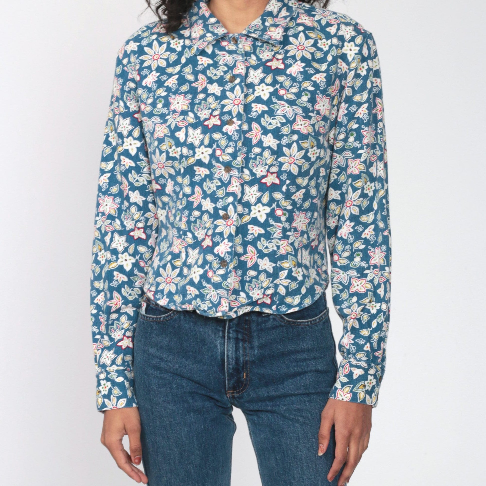 Guess 90s Floral Button-Up Blouse Blue Long Sleeve Medium
