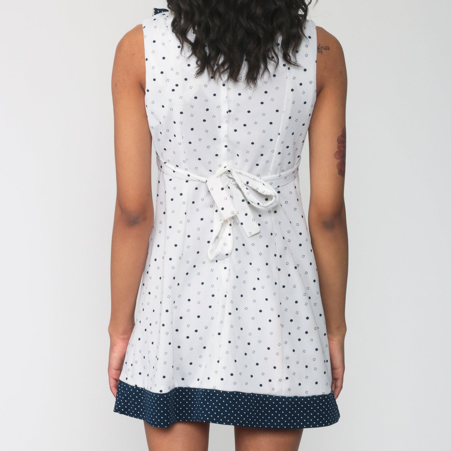 70s Polka Dot Babydoll Mini Dress White Blue Empire Waist V-Neck Extra Small