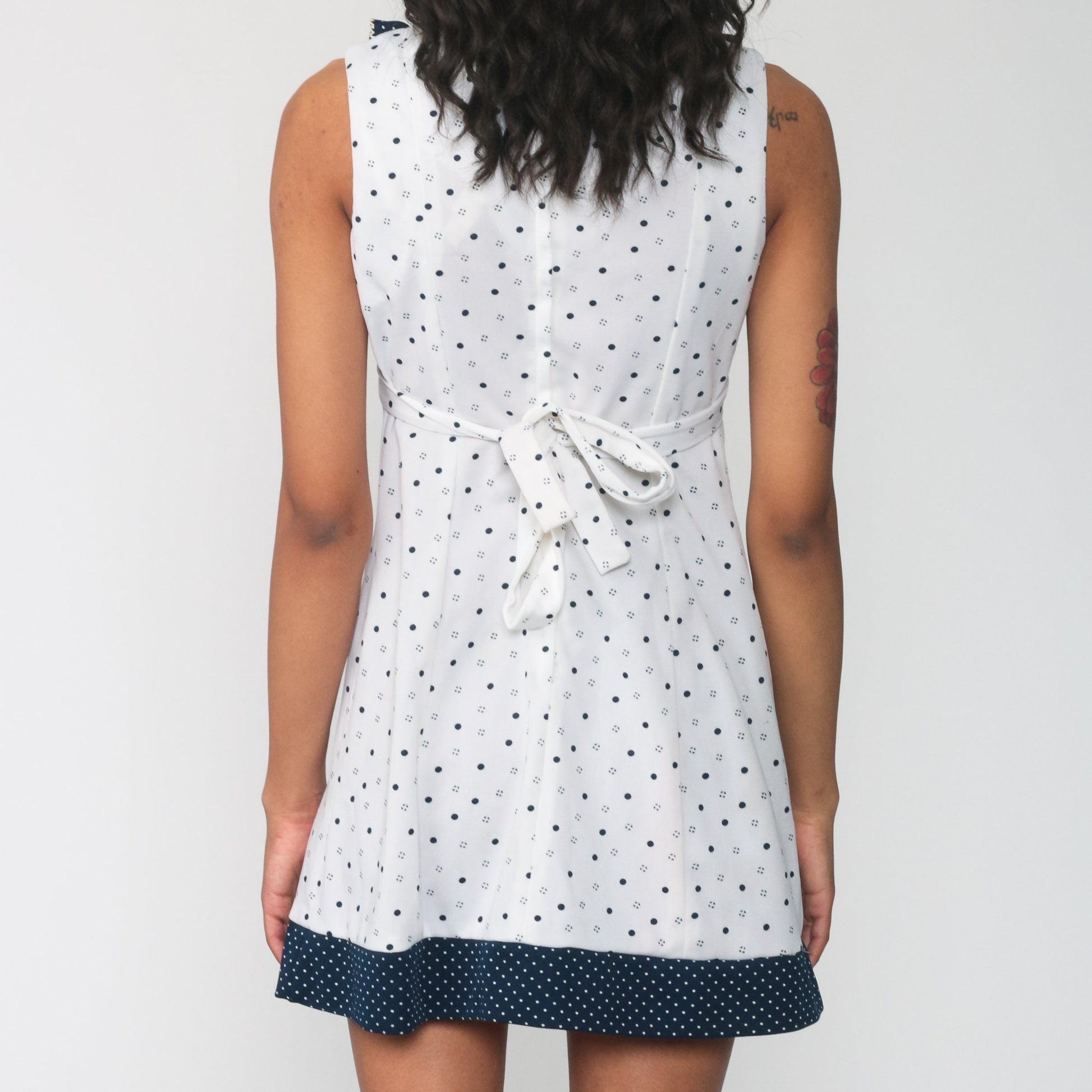 70s Polka Dot Babydoll Mini Dress White Blue Empire Waist V-Neck Extra Small