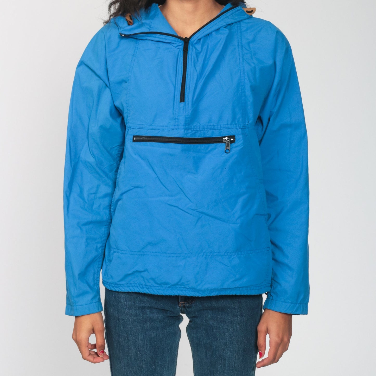 LL Bean Blue Hooded Half-Zip Windbreaker Jacket Women's Medium