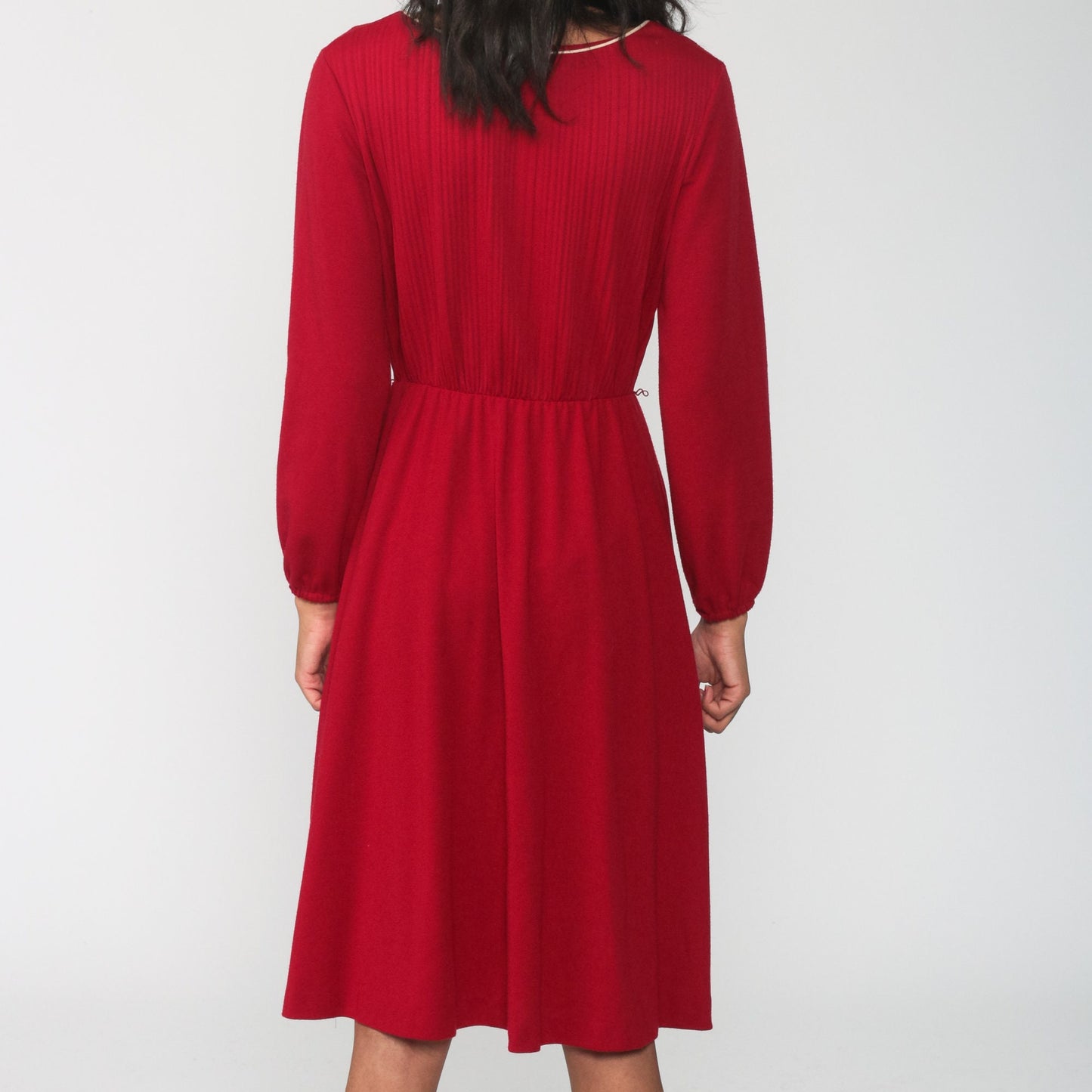 70s Dark Red Midi Dress High Waist Knife Pleated Long Sleeve Small