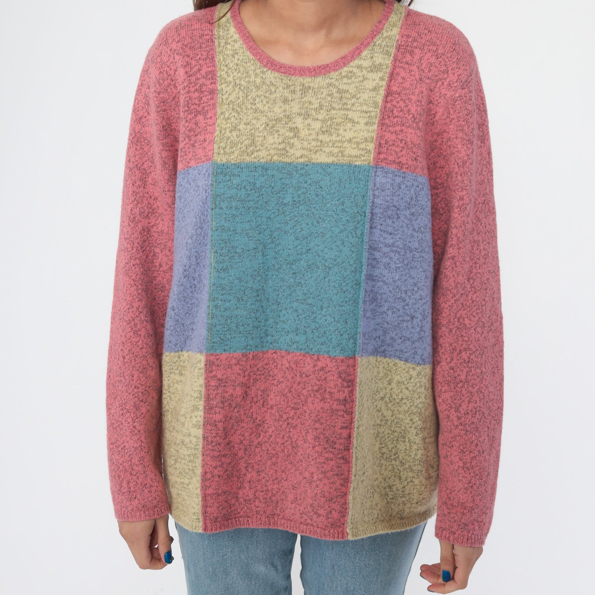 90s Christopher Banks Wool Blend Color Block Pullover Sweater Pink Teal Large