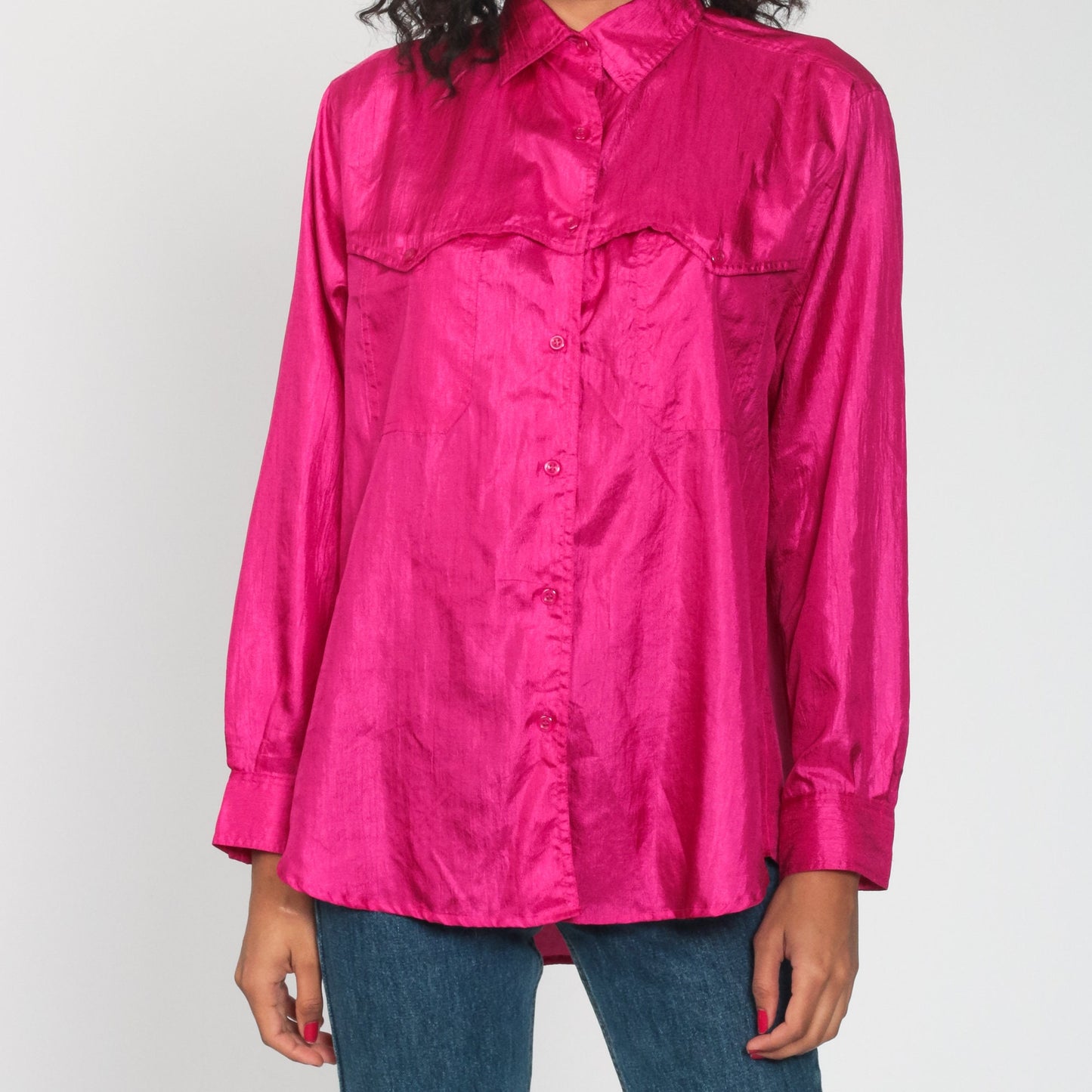 90s Shiny Pink Button-Up Blouse Long Sleeve Collared Shirt Large L