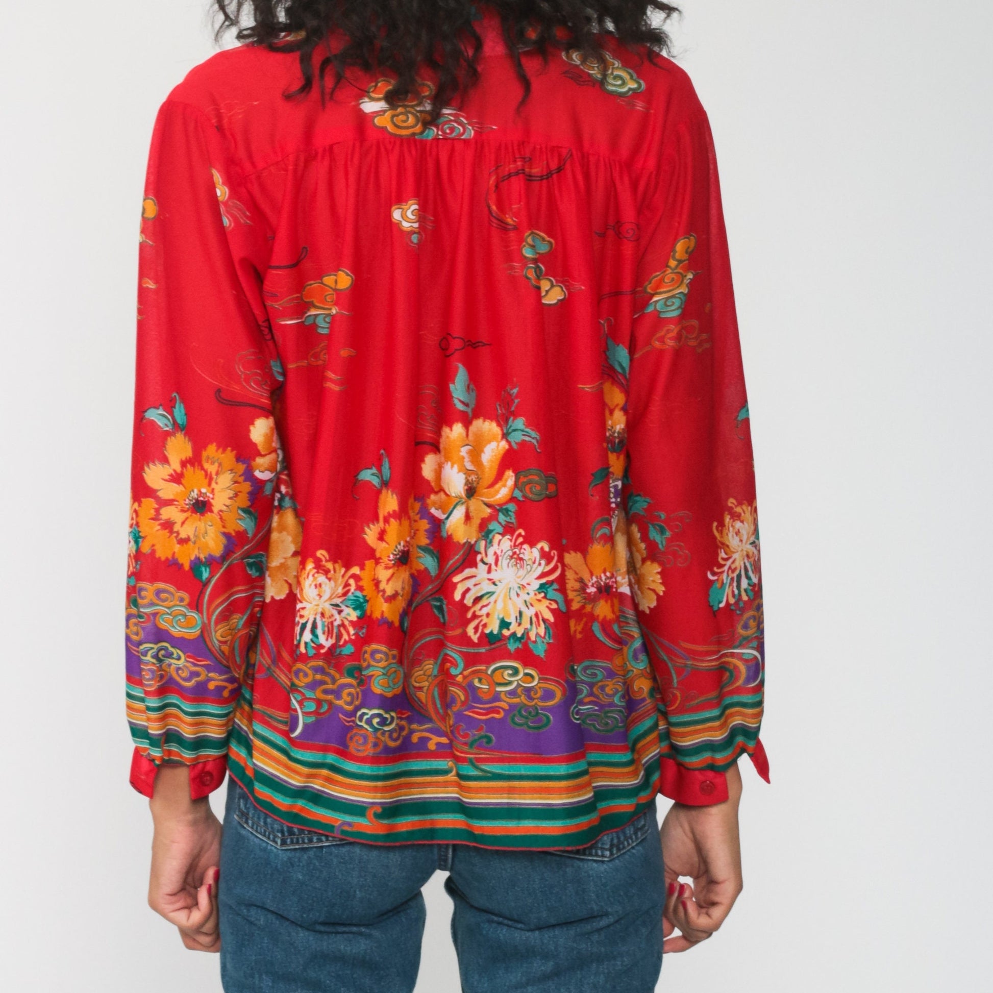 70s Red Floral Print Long Sleeve Blouse Tunic Medium Large