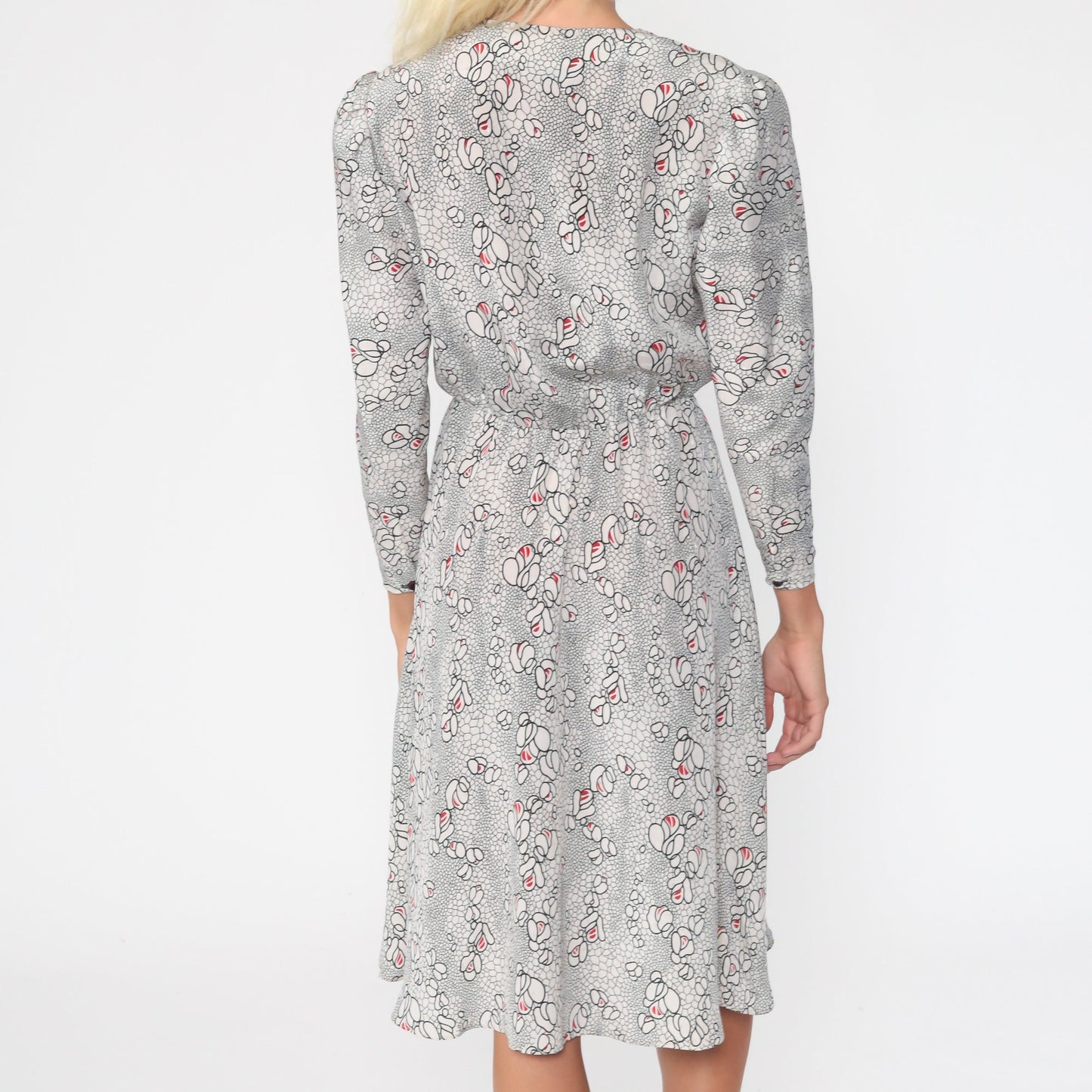 80s Black White Floral Midi Dress Puff Sleeve Button Up High Waist Small