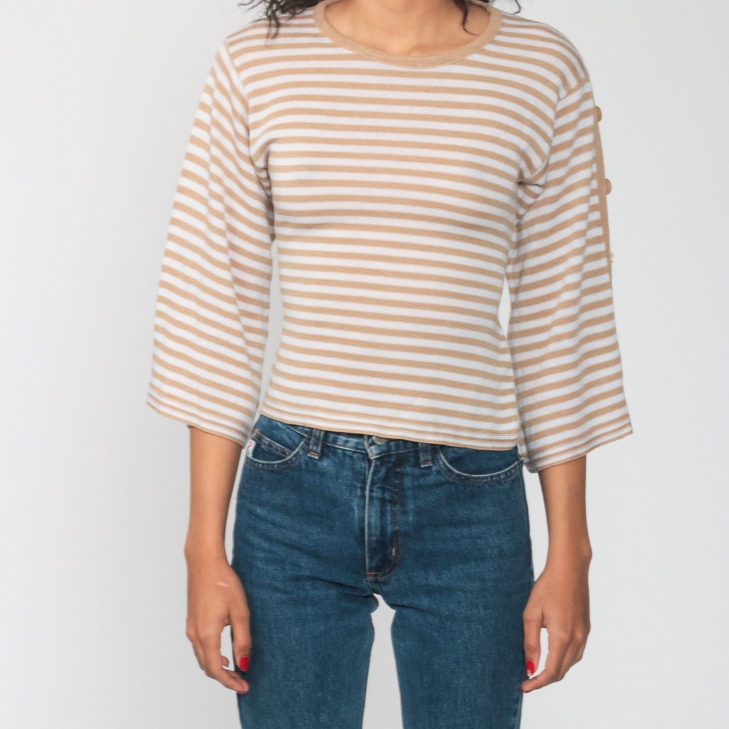 70s Tan Striped Knit Pullover Wide Sleeve Sweater Extra Small