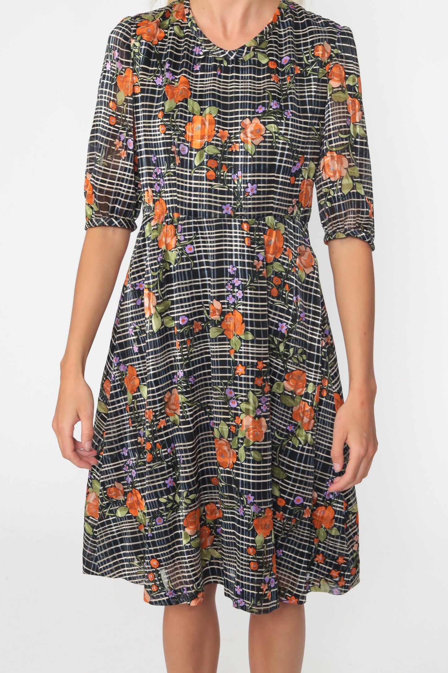 70s Floral Checkered Midi Dress High Waist Short Sleeve Black White Orange Small