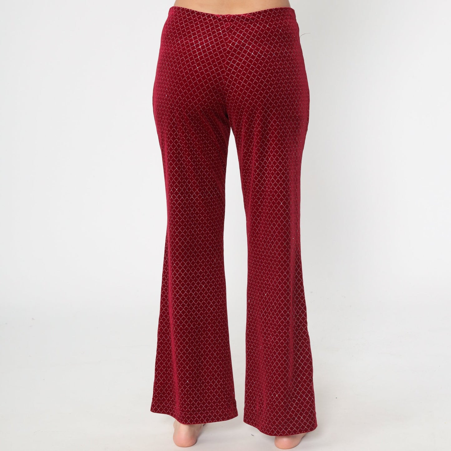90s Red Velvet Bell Bottom Pants Glitter Cutout Clubwear Medium Large