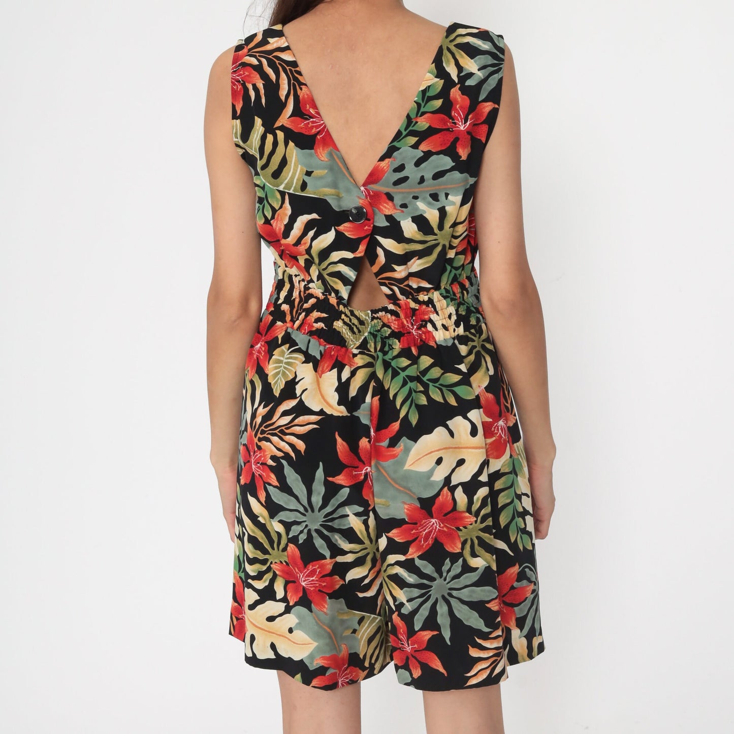 80s Black Tropical Romper Playsuit Back Cutout Cap Sleeve Small