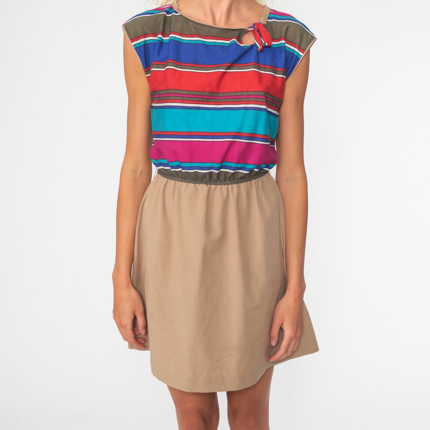 70s Striped Mini Dress Keyhole Neckline High Waist Cap Sleeve Small