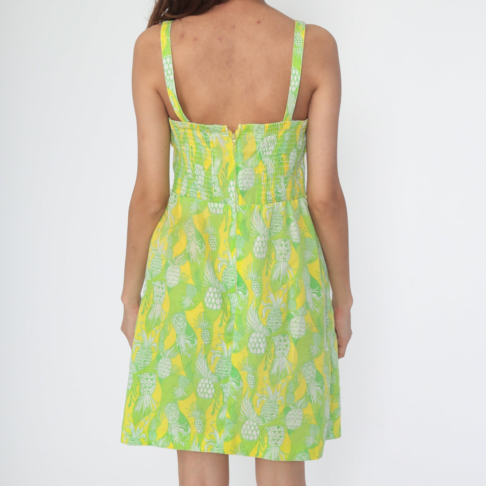 1970s Pineapple Print Mini Dress Green Tank Smocked V-Neck Small Medium