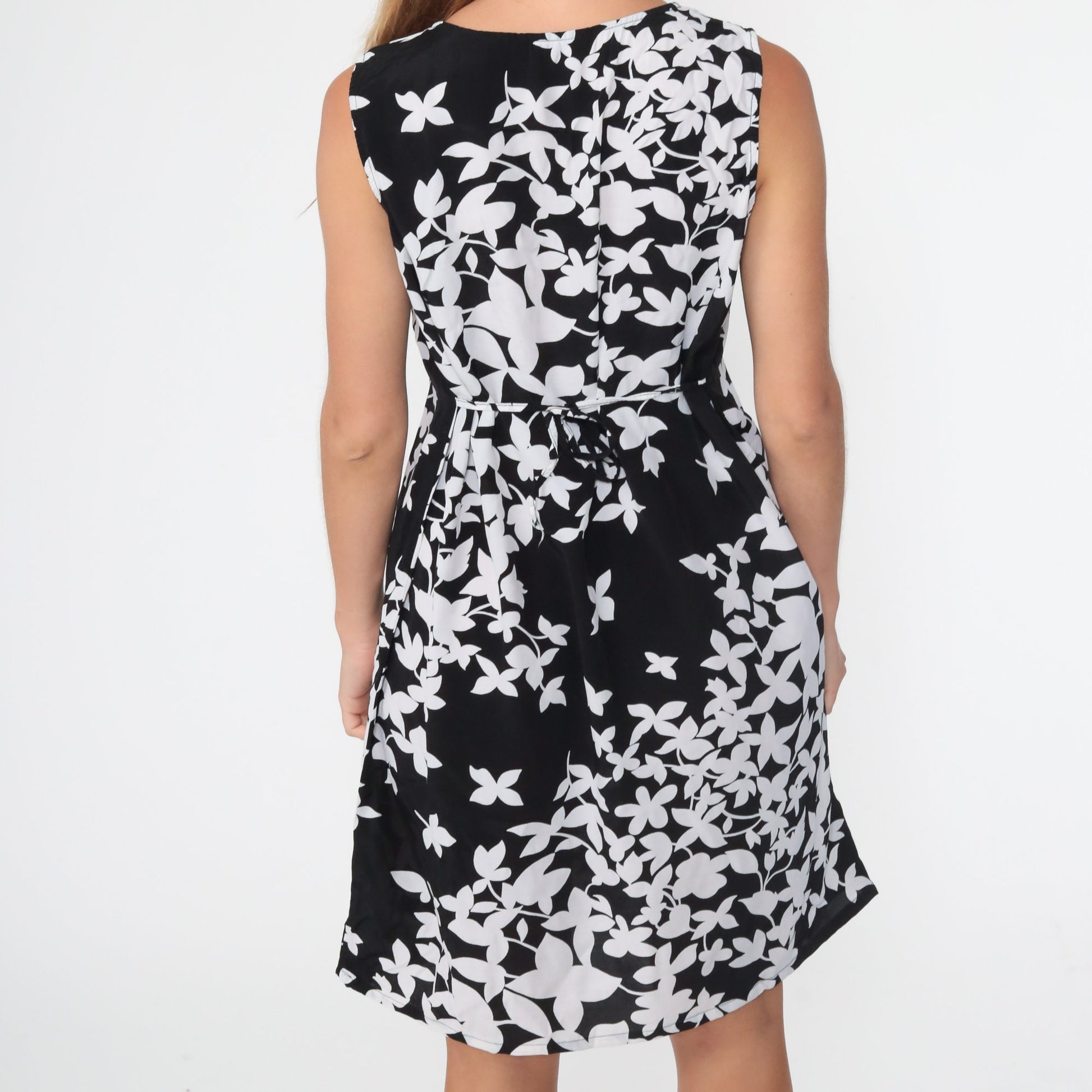 90s Black Floral Rayon Mini Dress Sleeveless Shift with Belt Medium Large