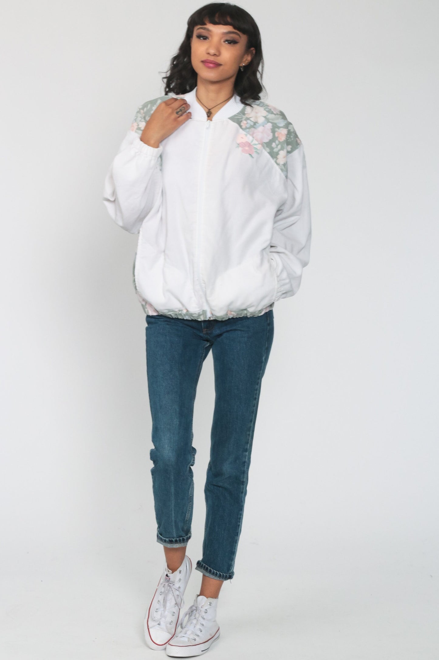 80s Floral Embroidered Bomber Jacket White Windbreaker Zip-Up Medium