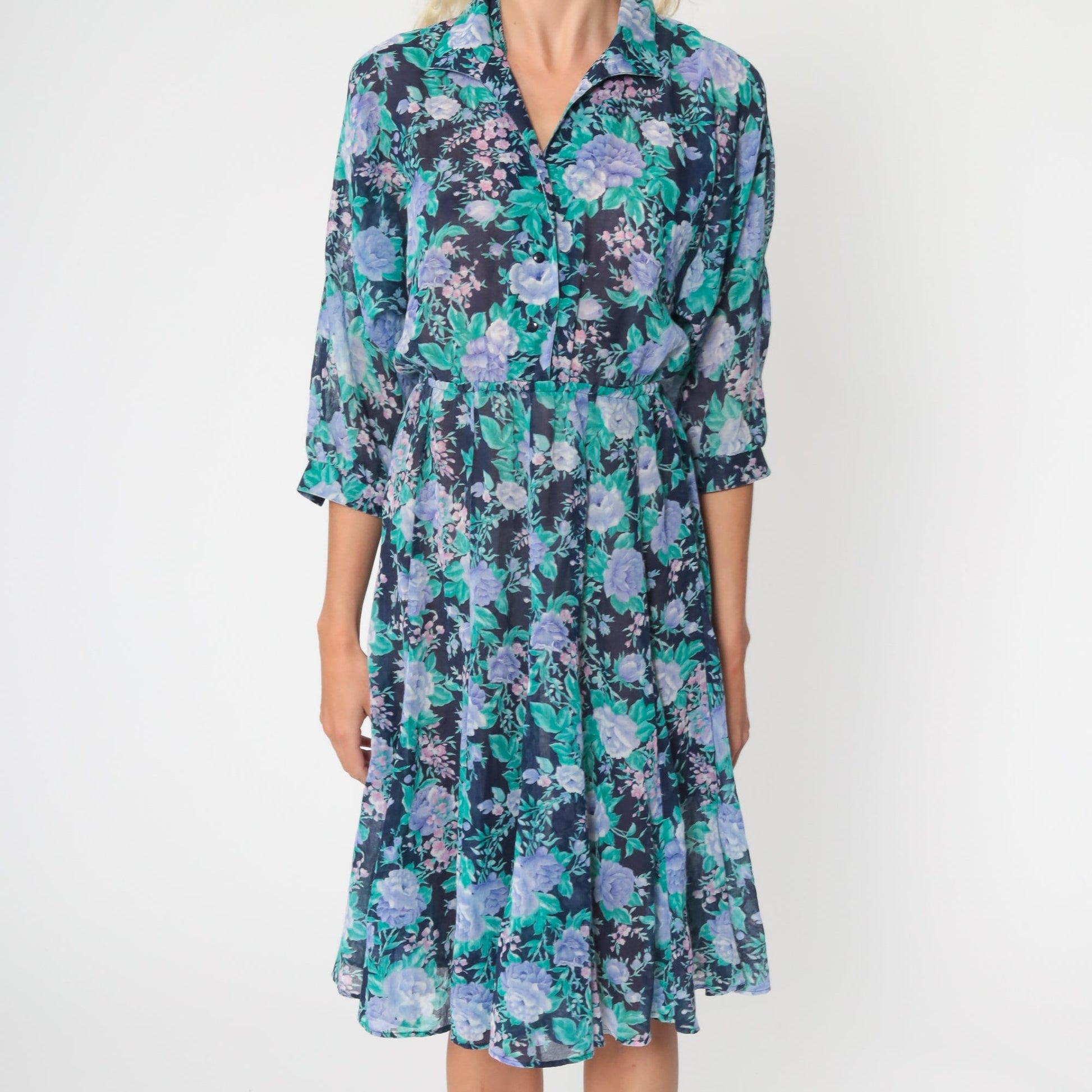 70s Blue Floral Midi Dress Button-Up High Waist Dolman Sleeve Extra Small
