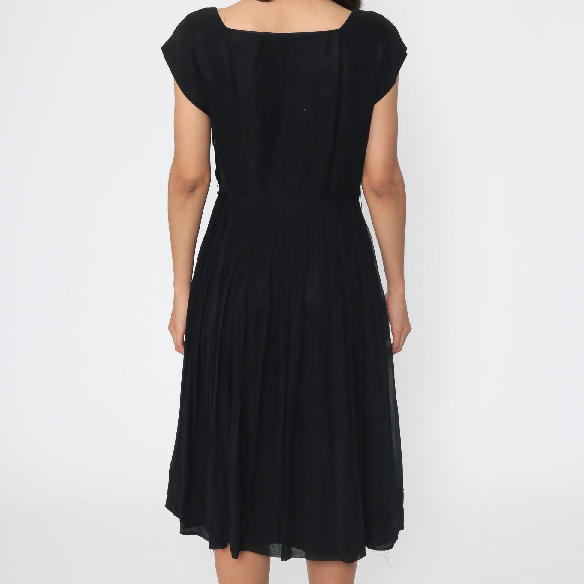 1950s Black Chiffon Sheath Dress Tea Length High Waist Side Zip Medium