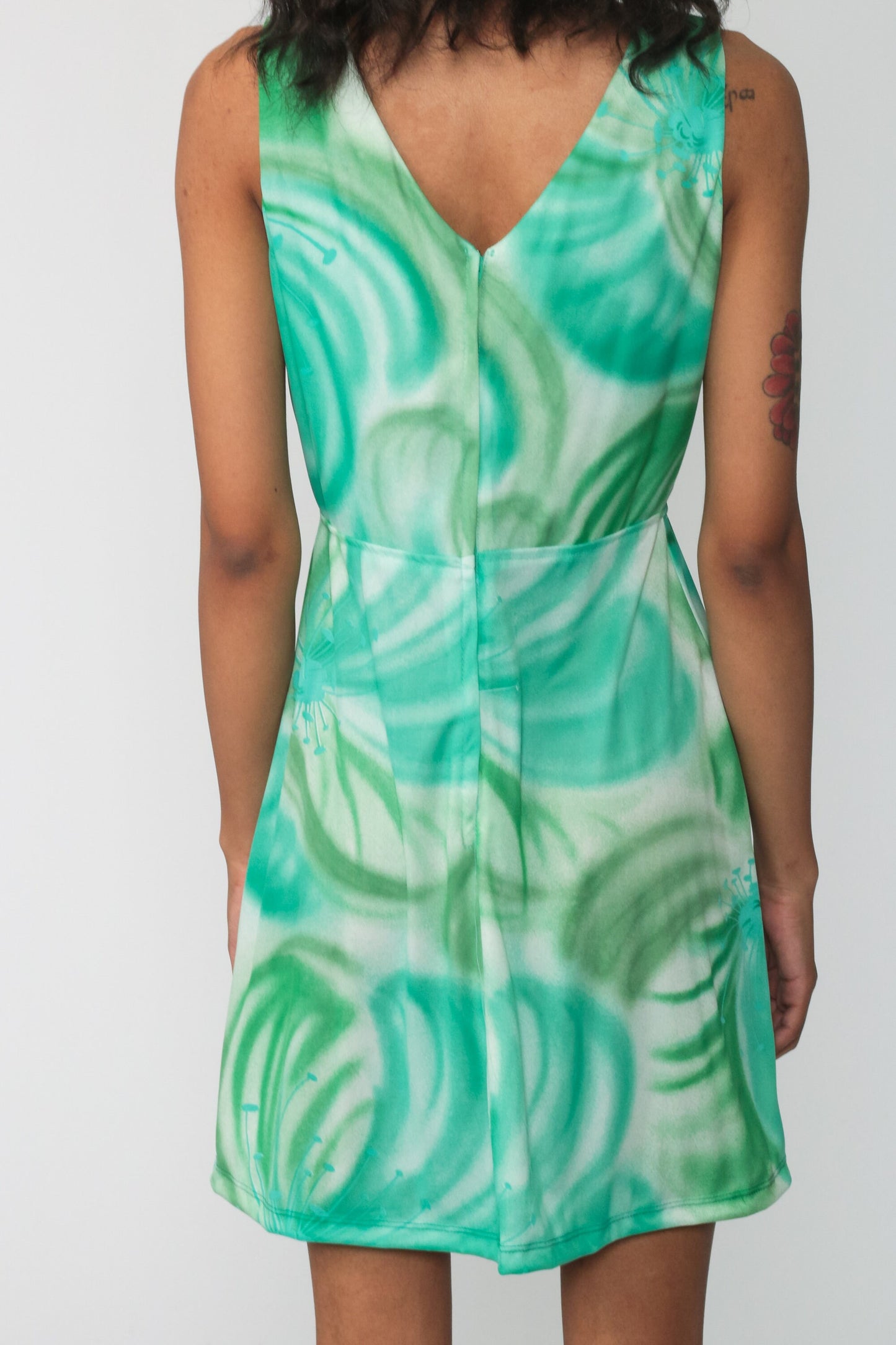 70s Green Floral Empire Waist Mini Dress Sleeveless V-Neck Medium