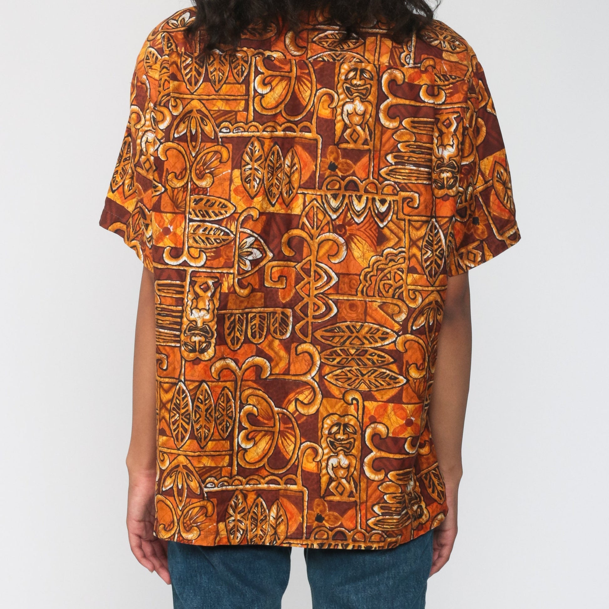 70s Hawaiian Tiki Print Button-Up Shirt Orange Tropical Blouse Medium Large