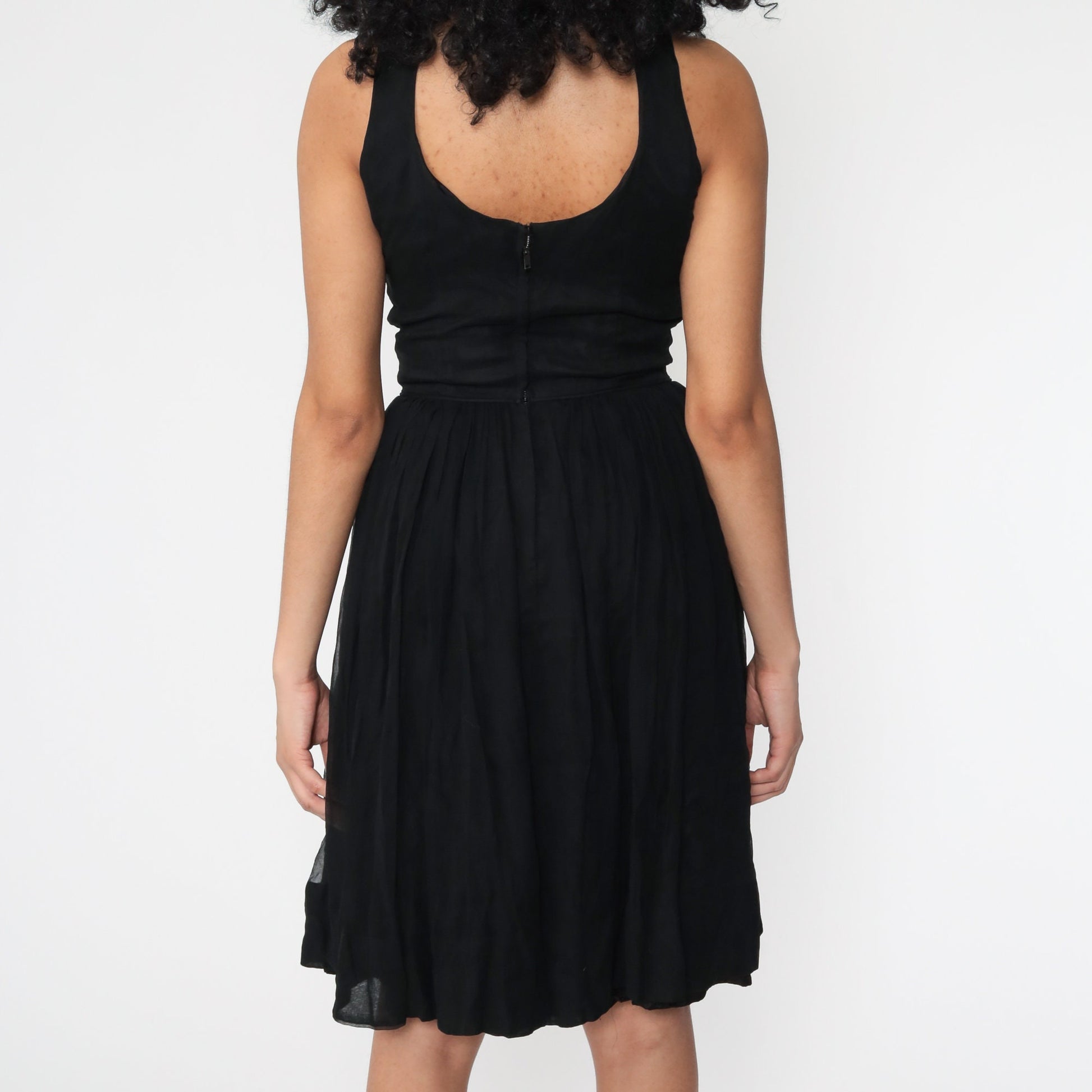 60s Jonathan Logan Black Chiffon Midi Dress High Waist Extra Small
