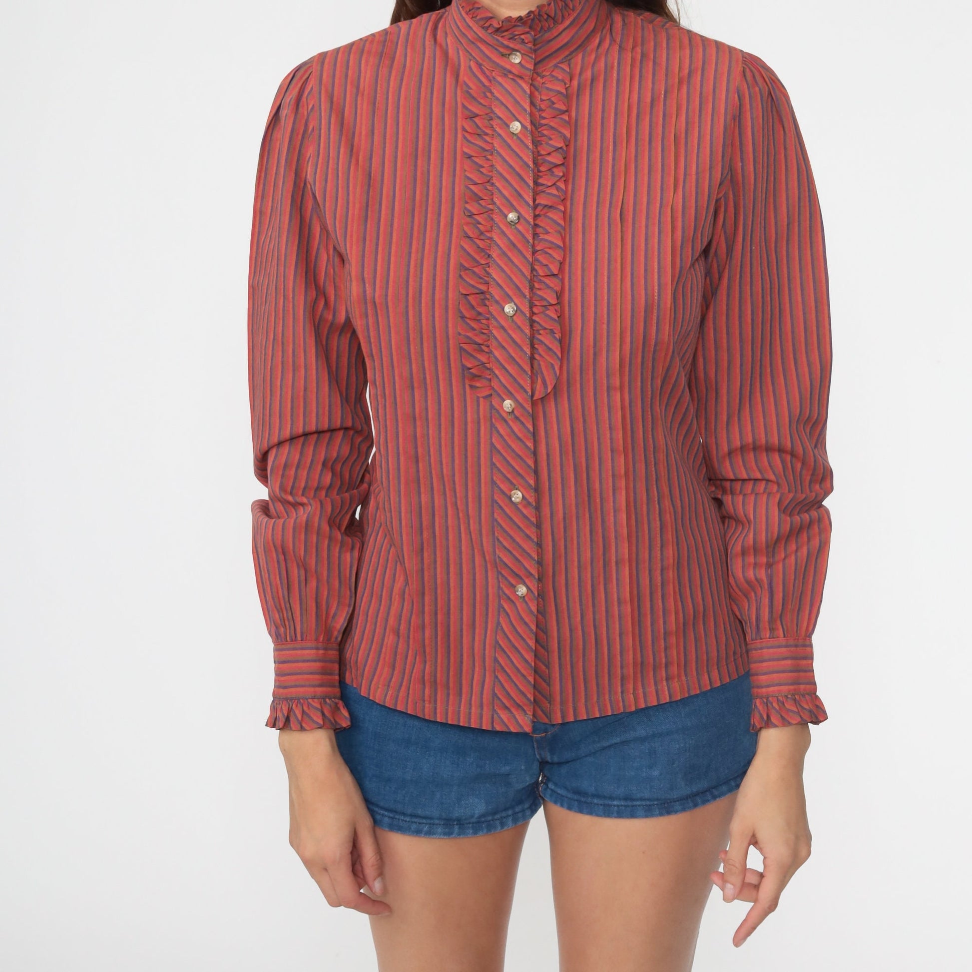 80s Puff Sleeve Button-Up Blouse Orange Red Striped Ruffled Long Sleeve Small