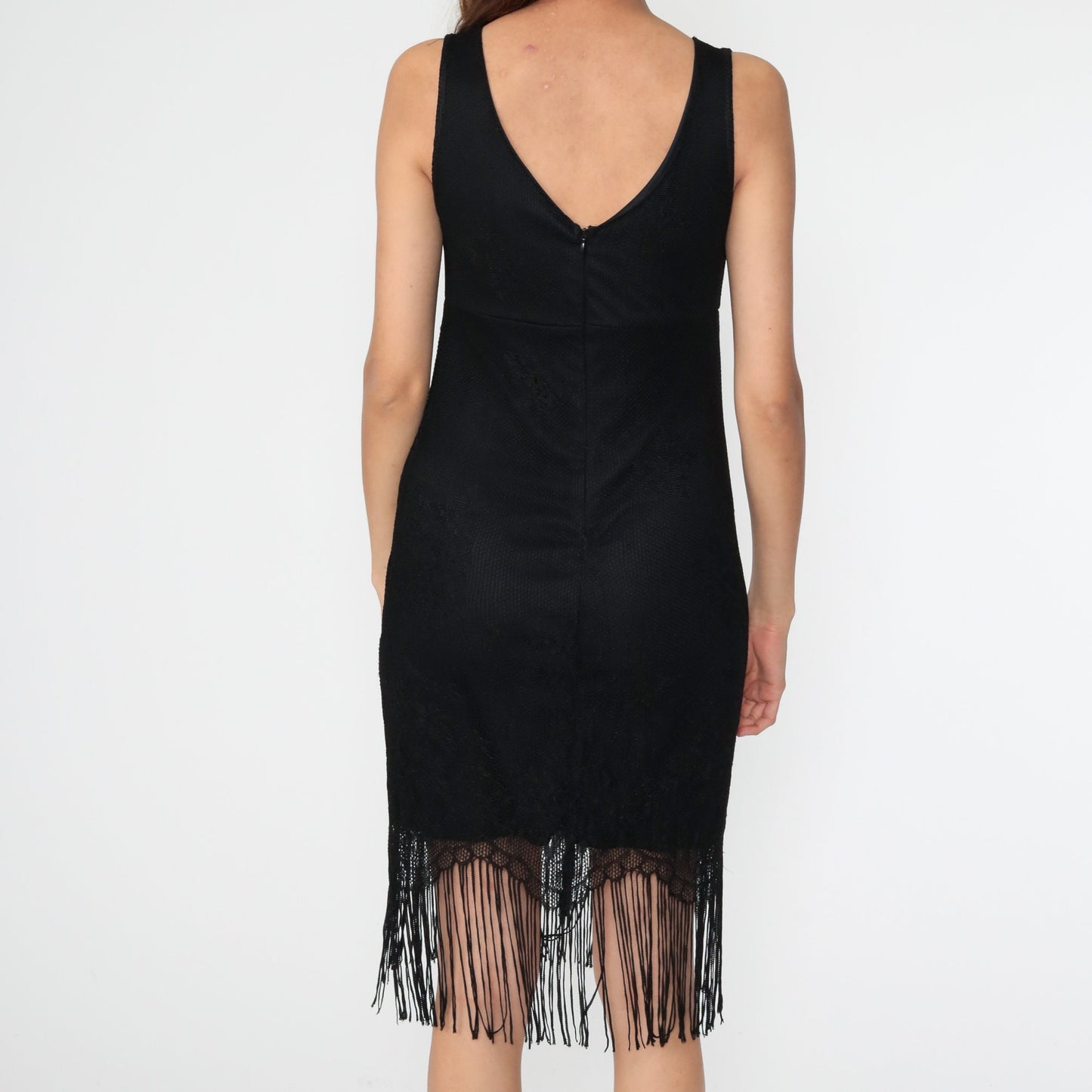 90s Black Lace Fringe Mini Dress Sleeveless Small Medium