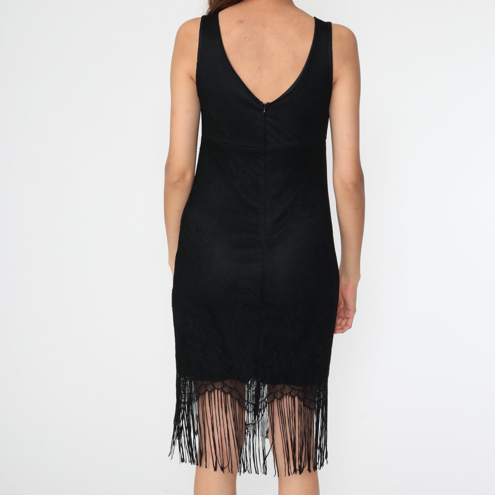 90s Black Lace Fringe Mini Dress Sleeveless Small Medium