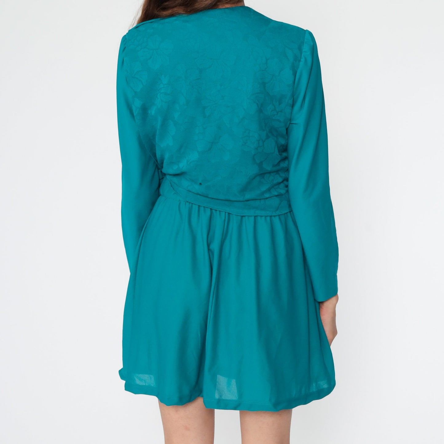80s Teal Floral Mini Dress Puff Sleeve Fit and Flare Small Medium