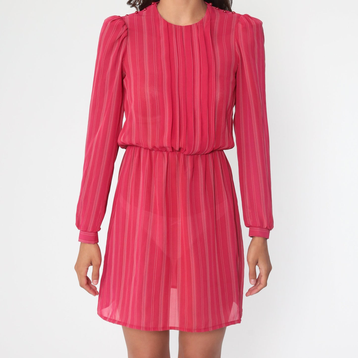 80s Puff Sleeve Mini Dress Red Striped Semi-Sheer Polyester Extra Small