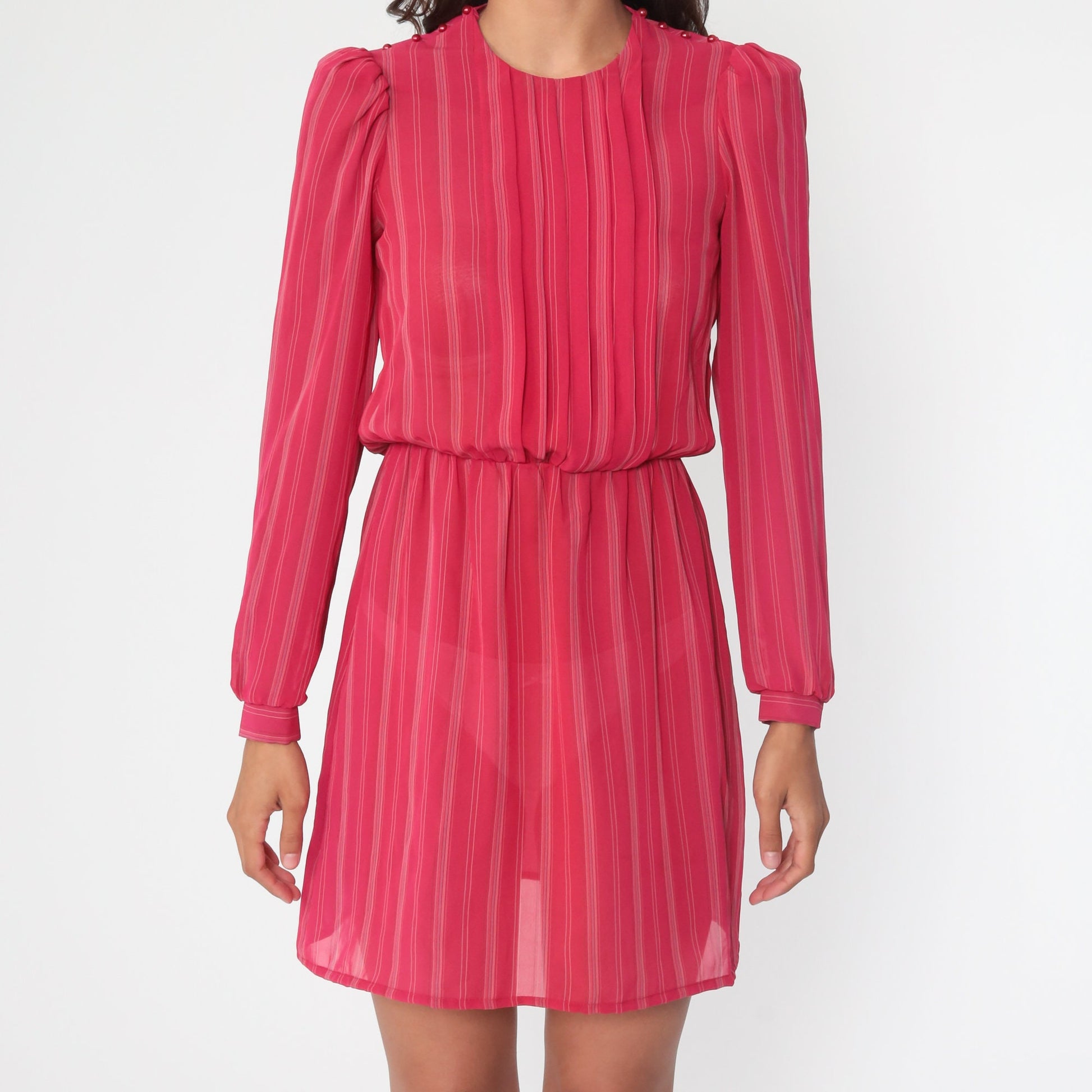 80s Puff Sleeve Mini Dress Red Striped Semi-Sheer Polyester Extra Small