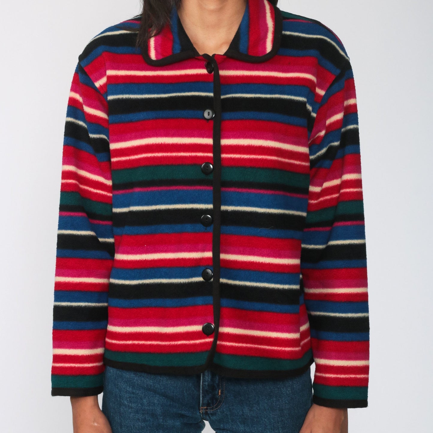 90s Striped Fleece Button-Up Jacket Red Blue Cropped Medium M