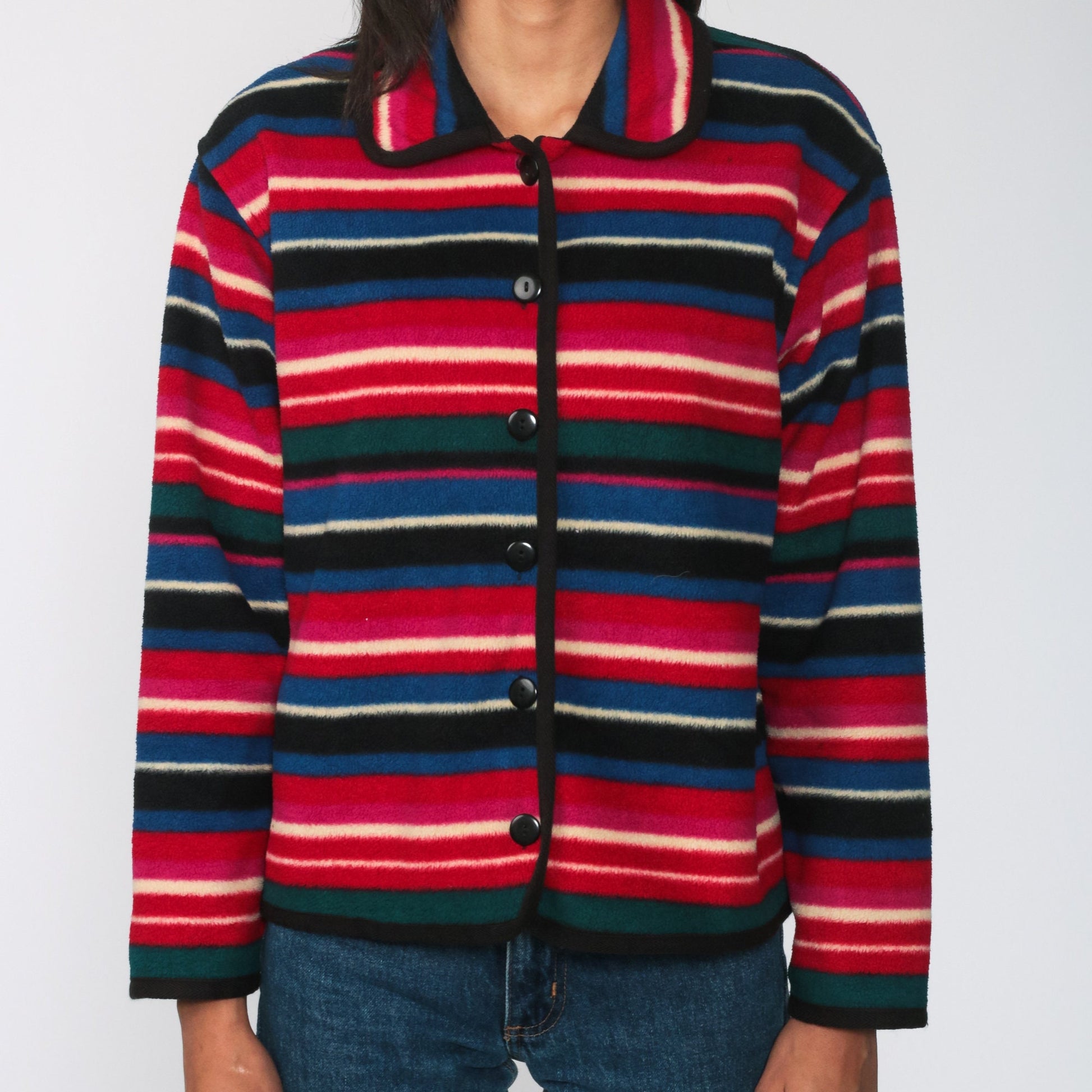 90s Striped Fleece Button-Up Jacket Red Blue Cropped Medium M