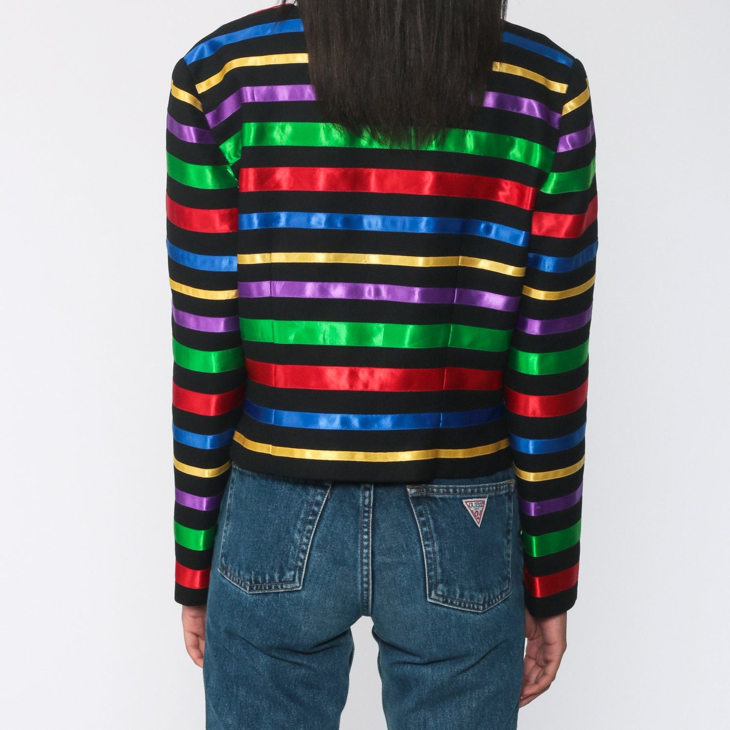 90s Rainbow Striped Jacket Frog Closure Button Up Cropped Medium M