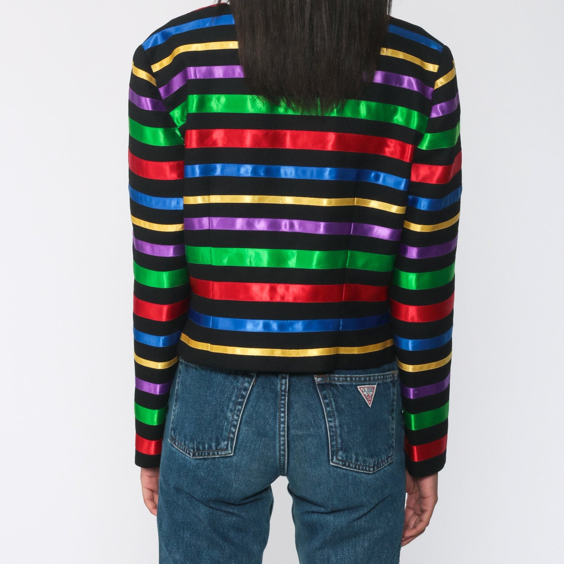 90s Rainbow Striped Jacket Frog Closure Button Up Cropped Medium M