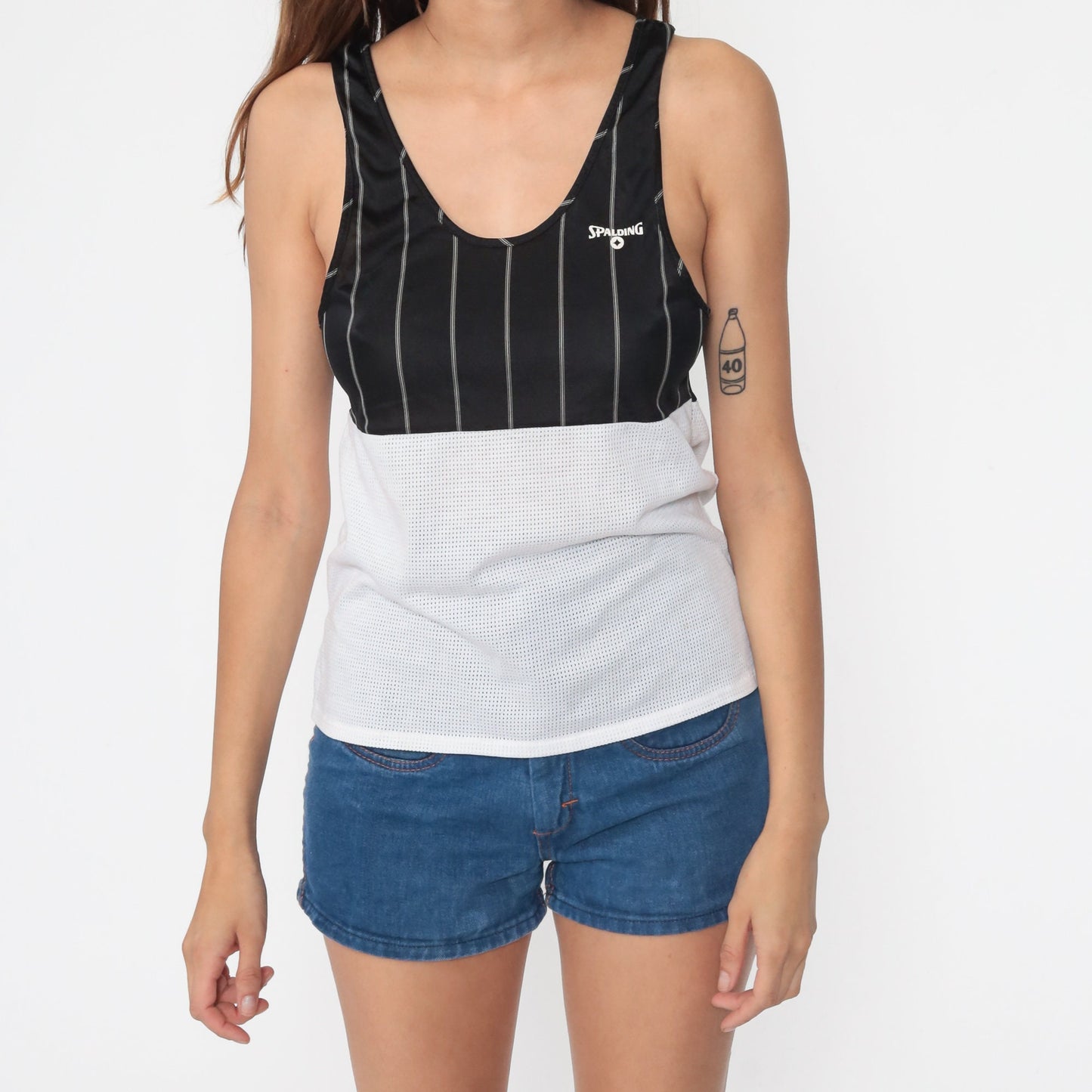 80s Spalding Mesh Tank Top Black White Color Block Sheer Small