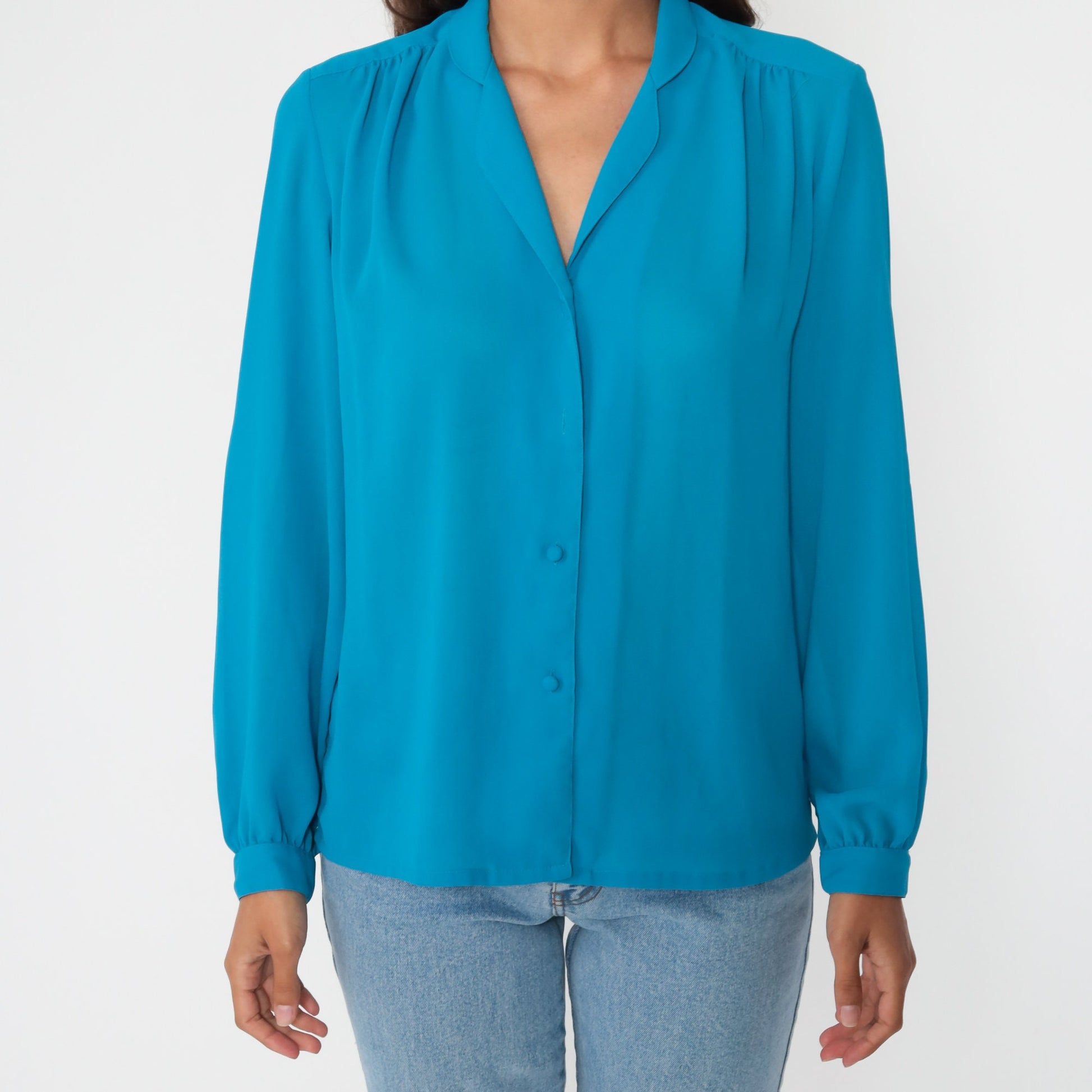 80s Blue Button-Up Blouse Collared Long Sleeve Shirt Medium