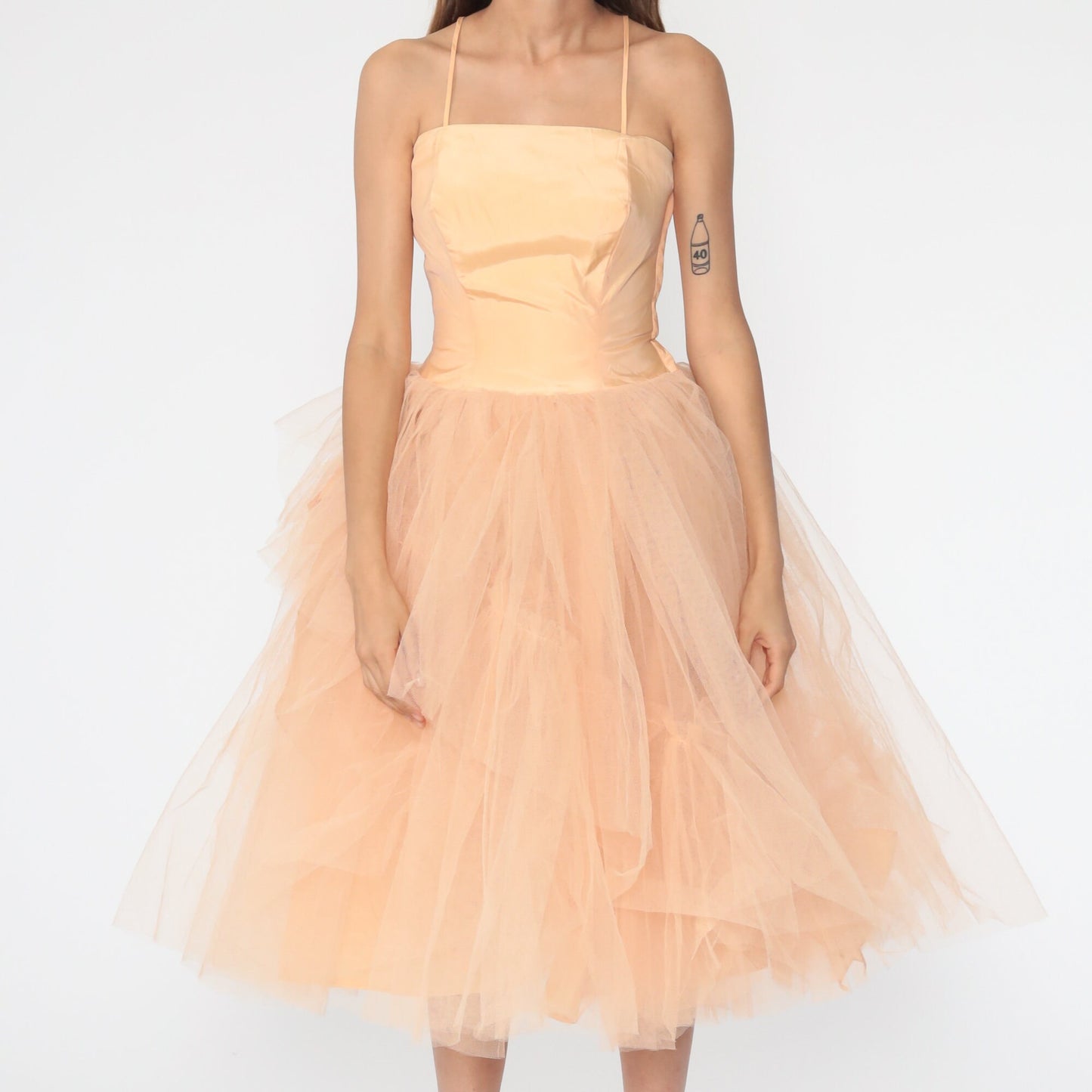 1950s Peach Tulle Party Dress Spaghetti Strap Gown Extra Small