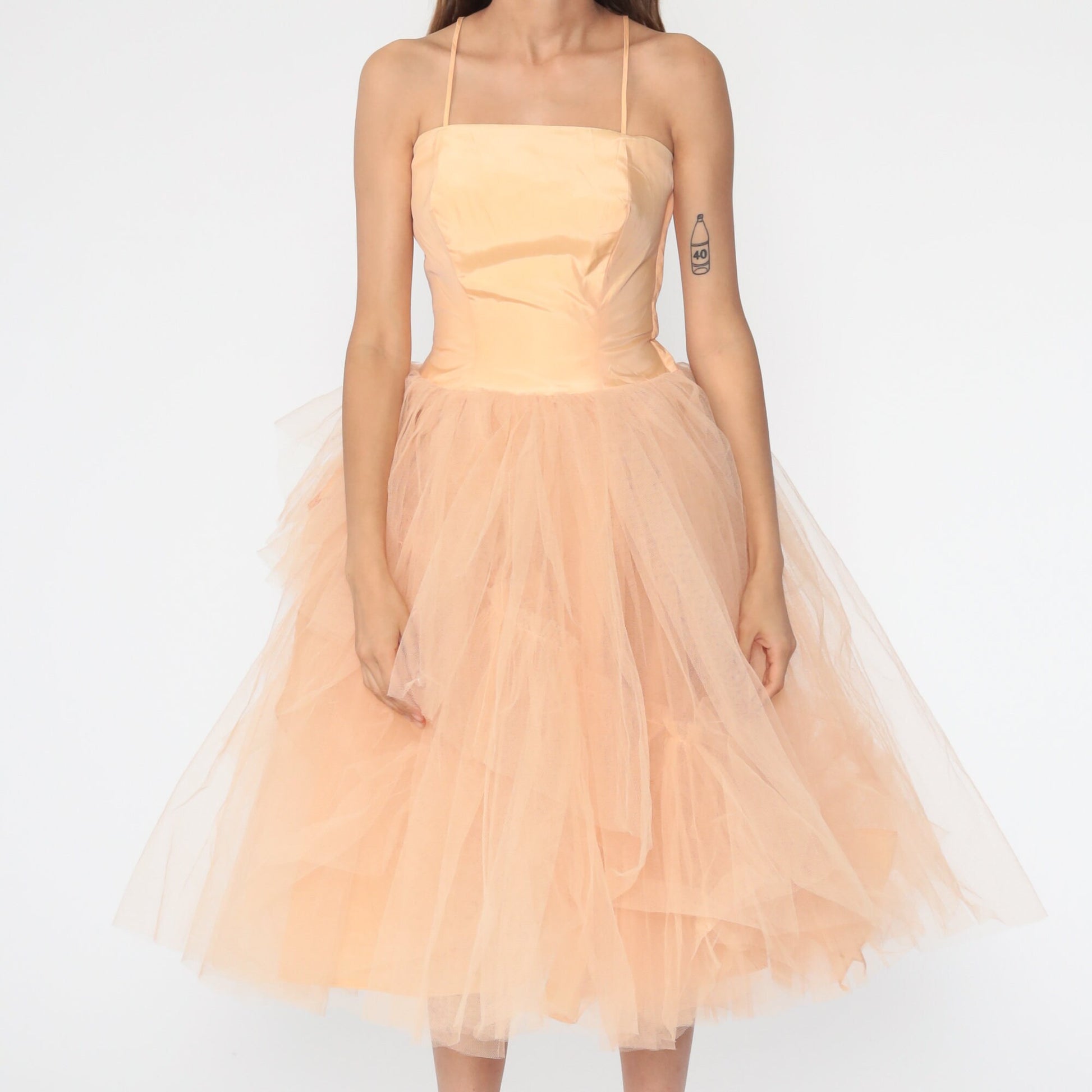 1950s Peach Tulle Party Dress Spaghetti Strap Gown Extra Small