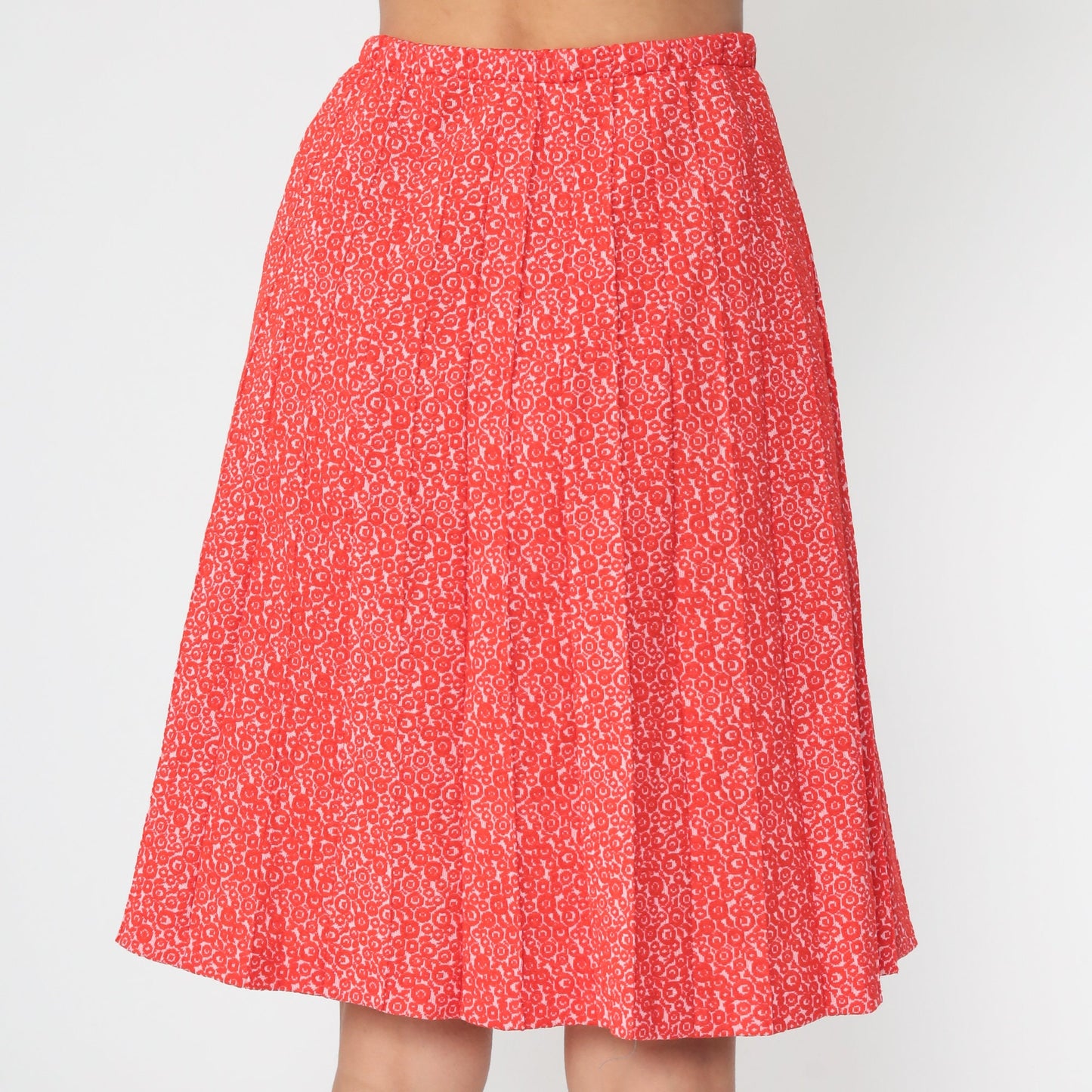 70s Red Geometric Print High-Waist Pleated Skirt Knee-Length Small