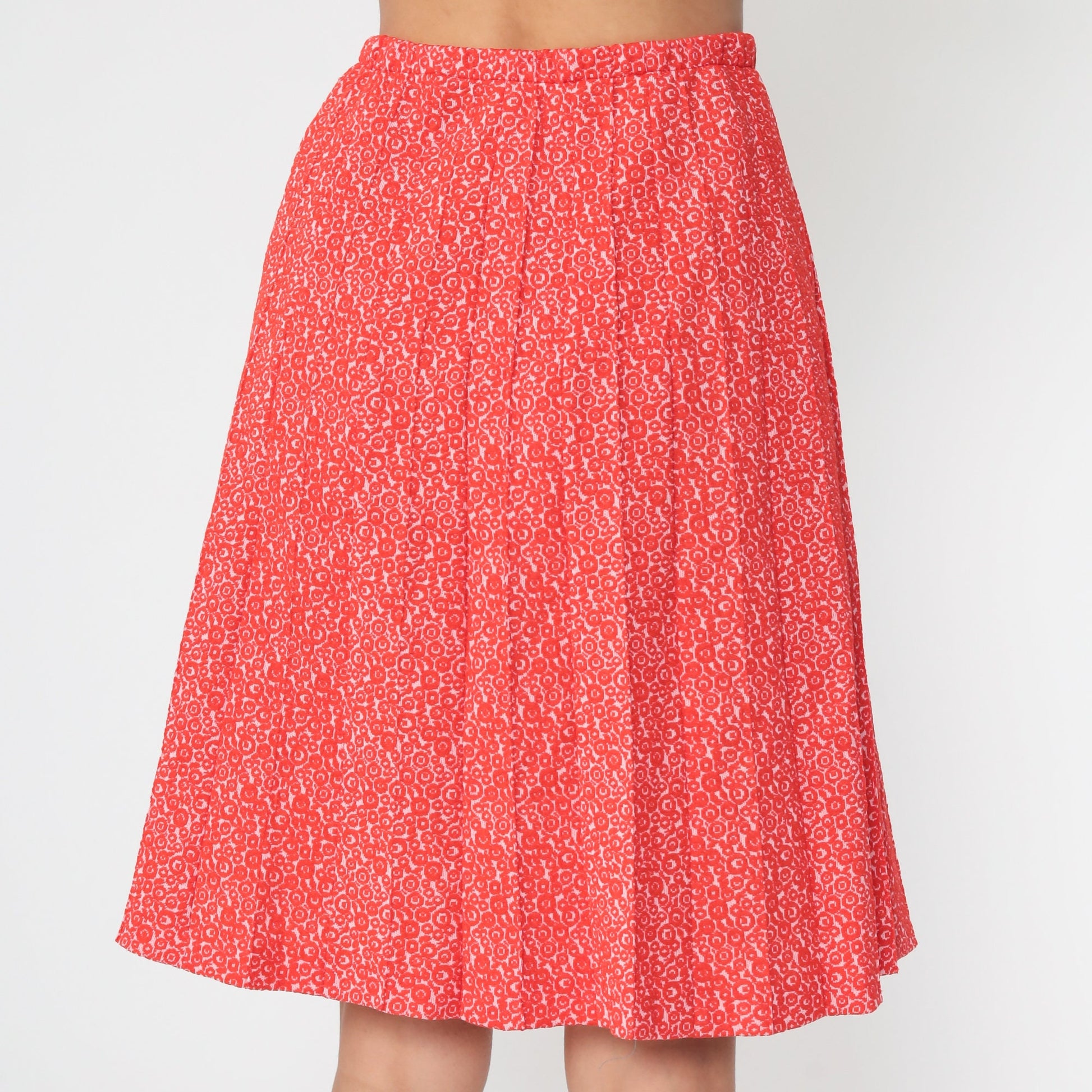 70s Red Geometric Print High-Waist Pleated Skirt Knee-Length Small