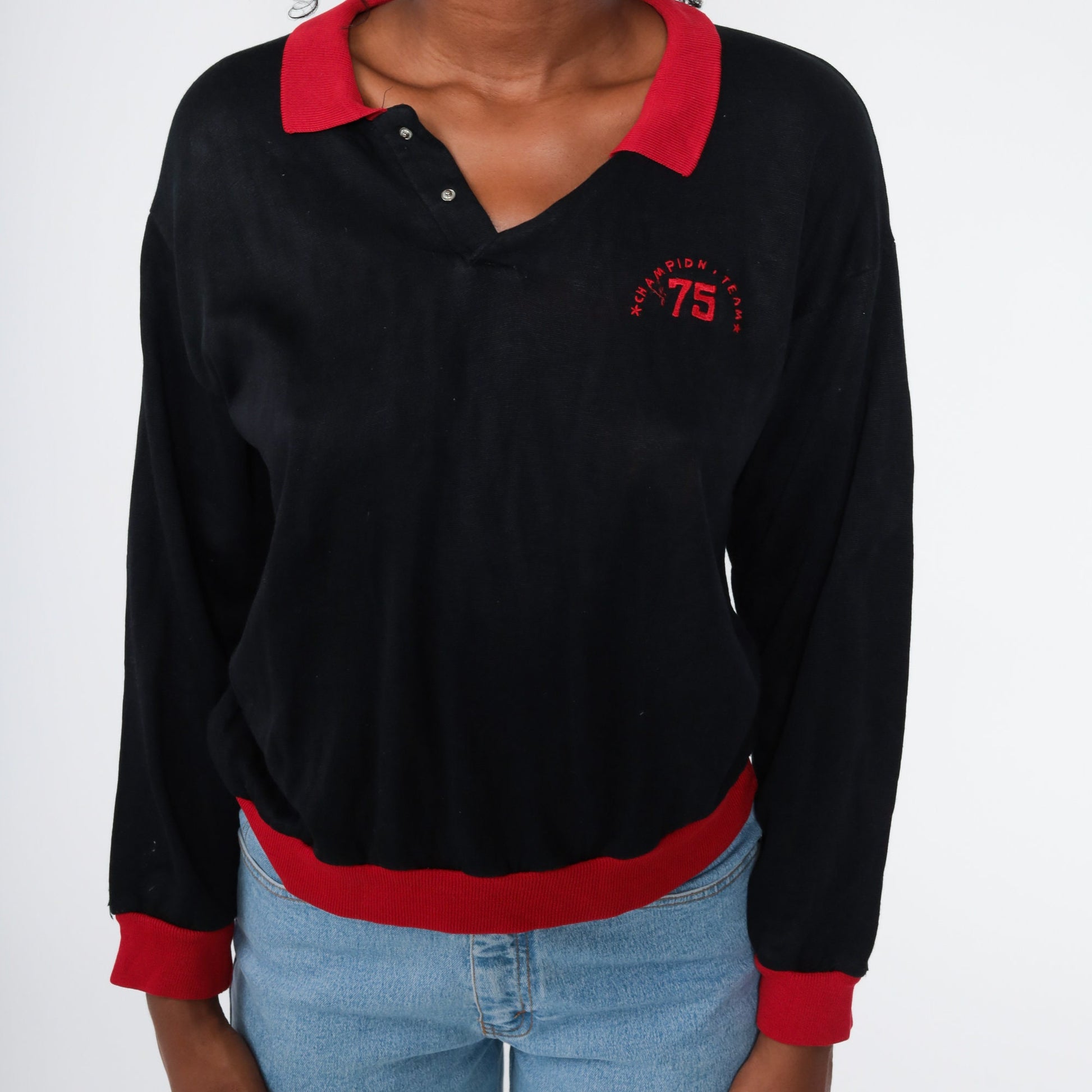 80s Champion Team 75 Black Half-Button Sweatshirt Small Medium
