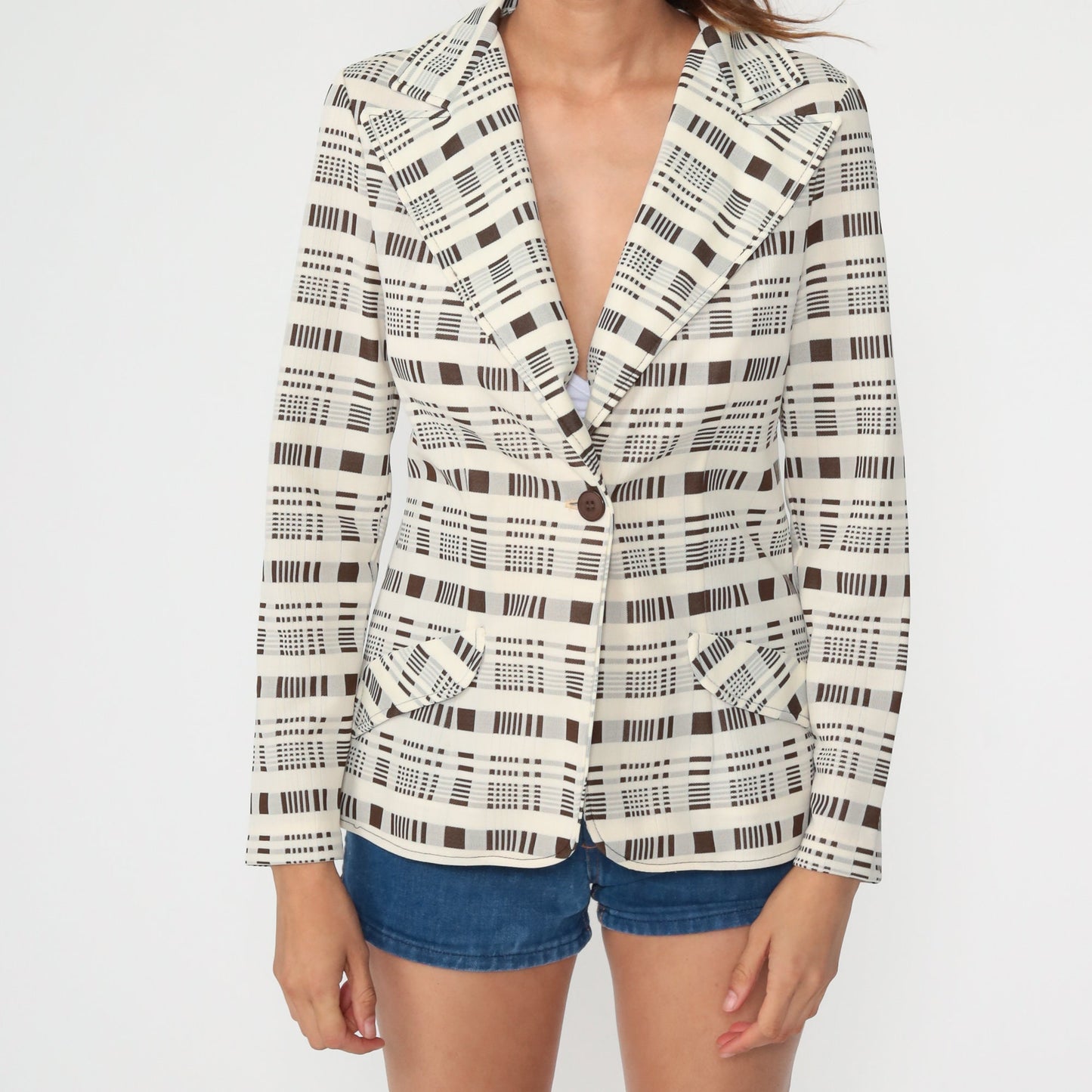 70s Jonathan Logan Cream Brown Plaid Blazer Jacket Extra Small XS