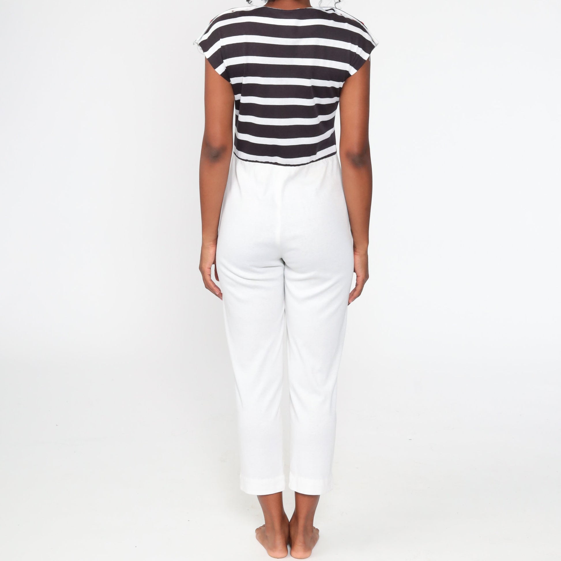 80s White Nautical Striped Jumpsuit Cap Sleeve Tapered Legs Small