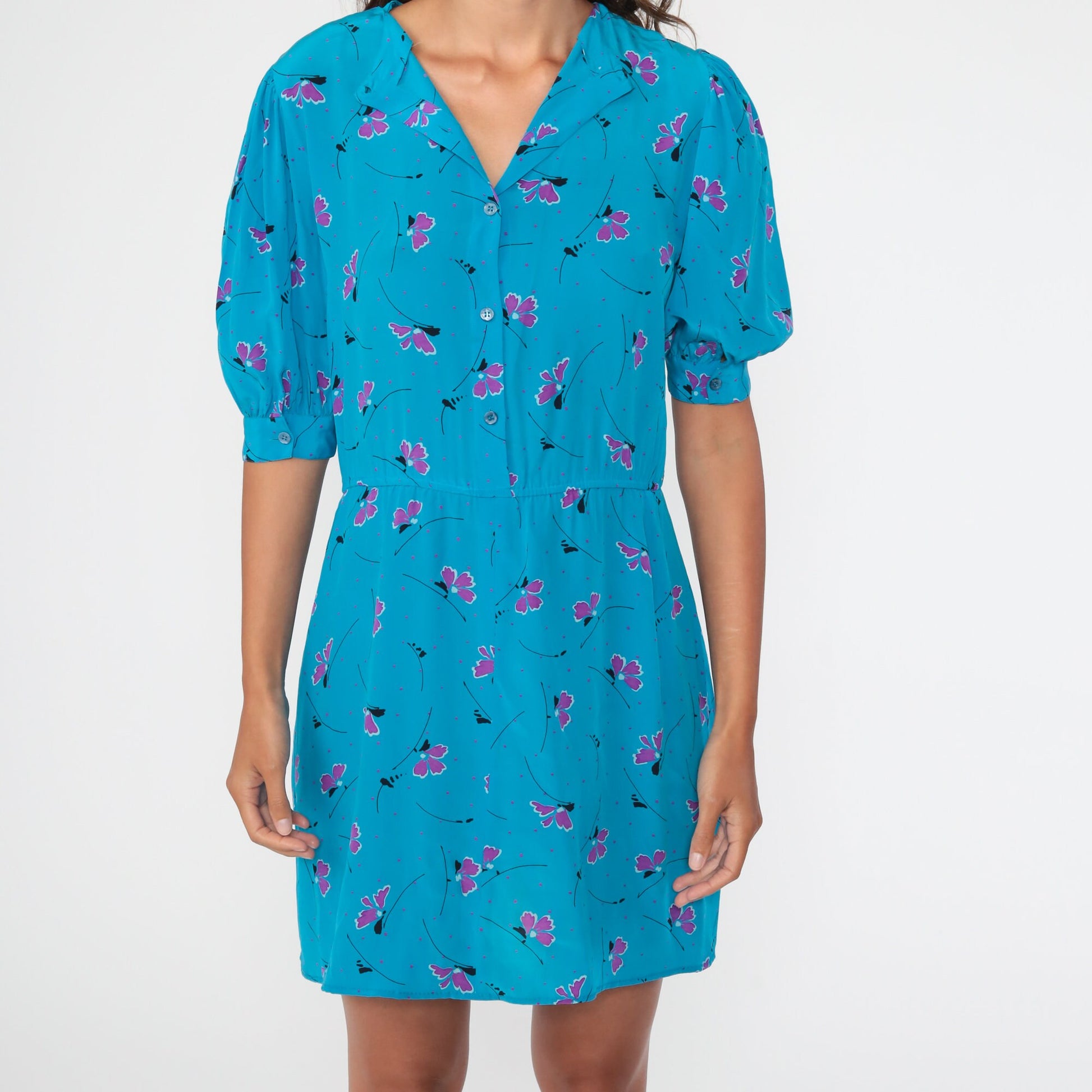 80s Blue Floral Puff Sleeve Mini Dress Button-Up Shirtwaist Small Medium