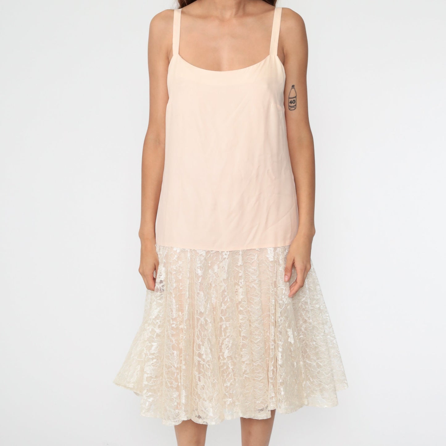 80s Peach Lace Drop Waist Midi Slip Dress Sleeveless Party Medium 8