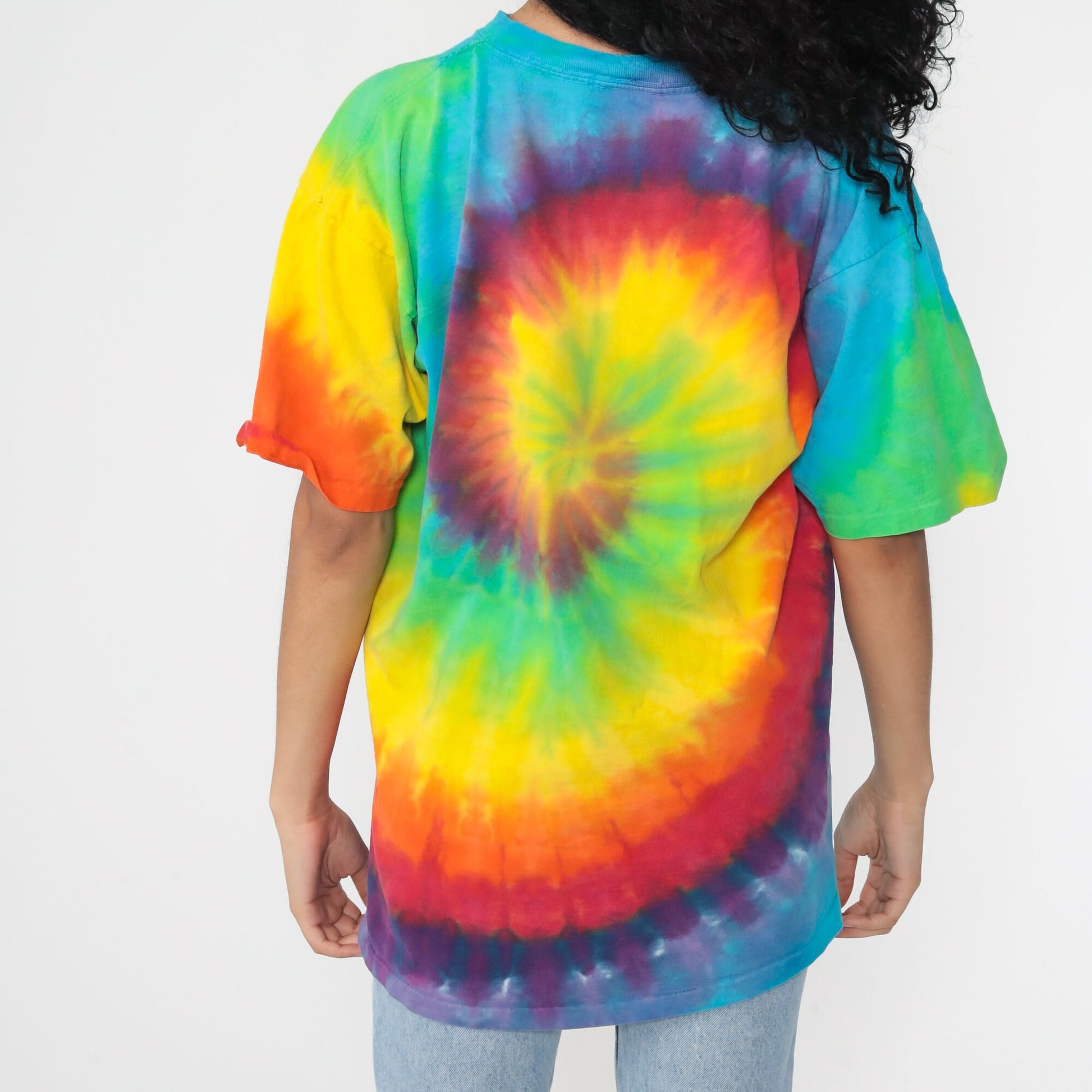90s Tie Dye T-Shirt Yellow Green Blue Swirl Print Graphic Tee Large