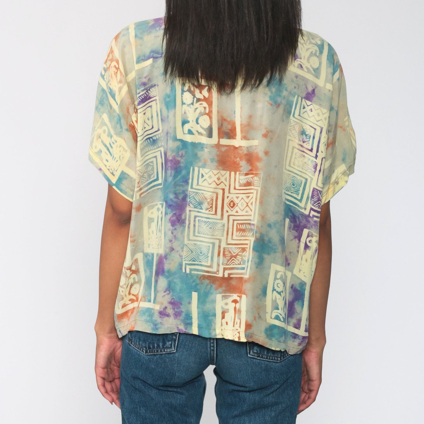 00s Tie Dye Batik Button Up Shirt Yellow Short Sleeve Extra Large XL