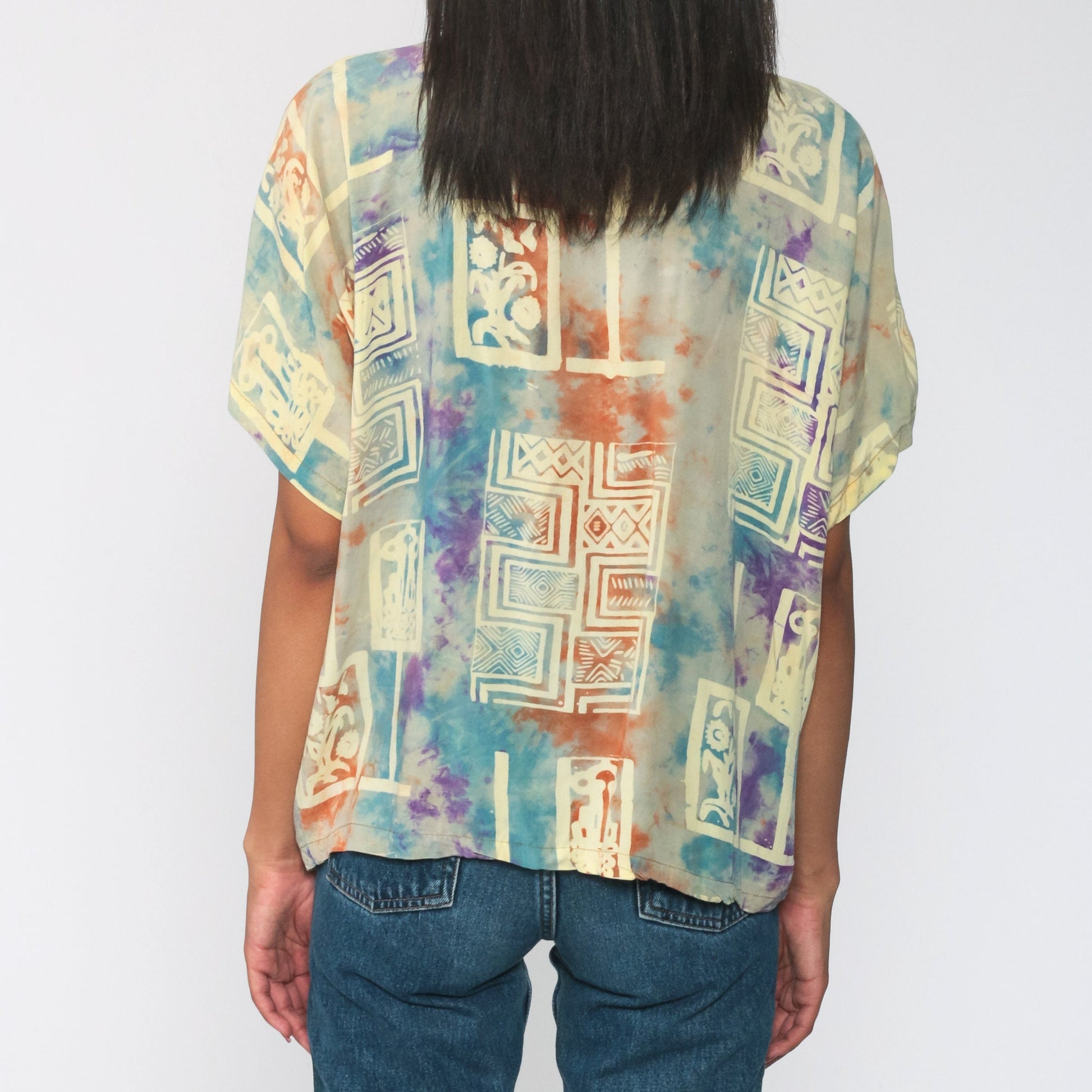 00s Tie Dye Batik Button Up Shirt Yellow Short Sleeve Extra Large XL